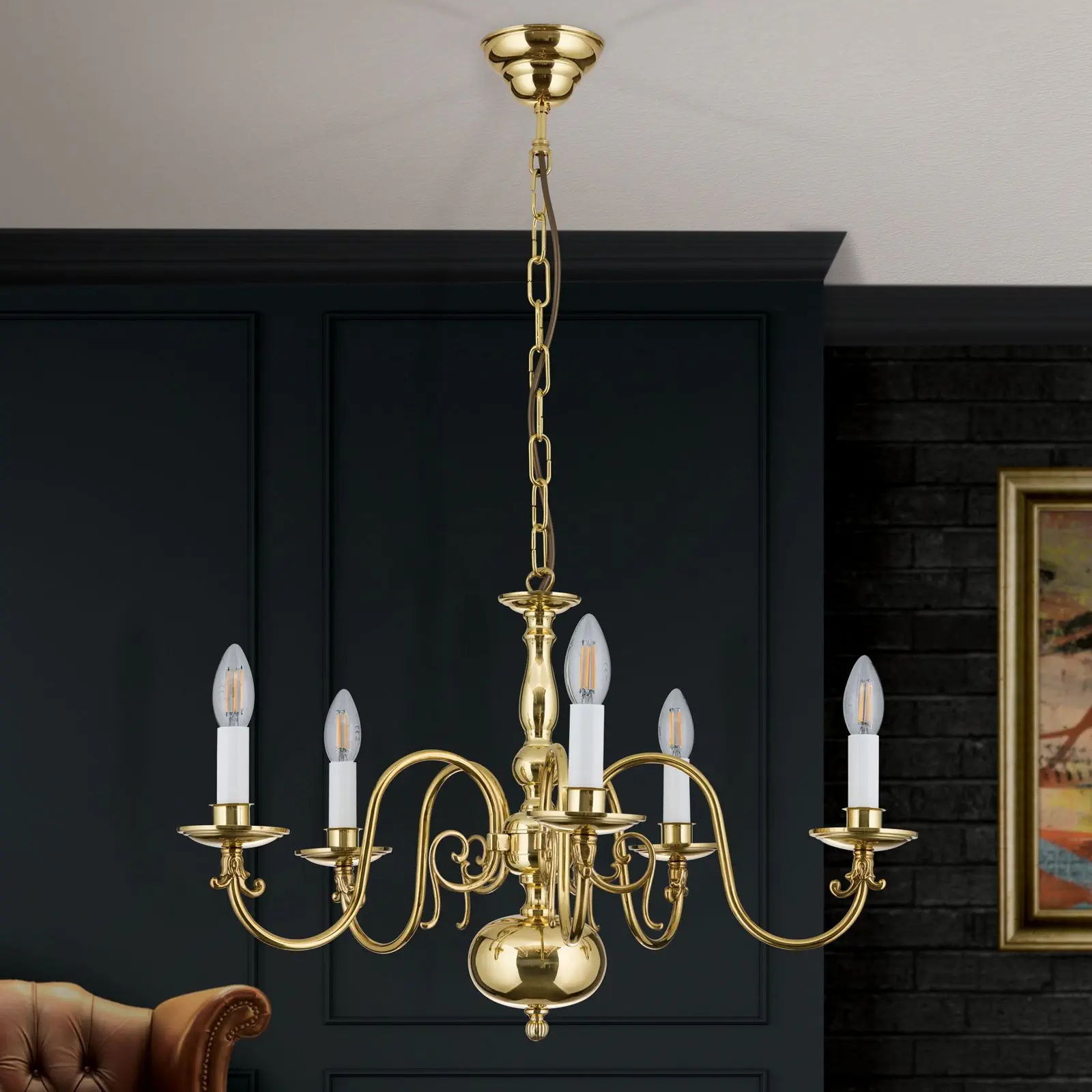 Luster FLÄMISCH, 5 izvora svetla, sjajni mesing - 3