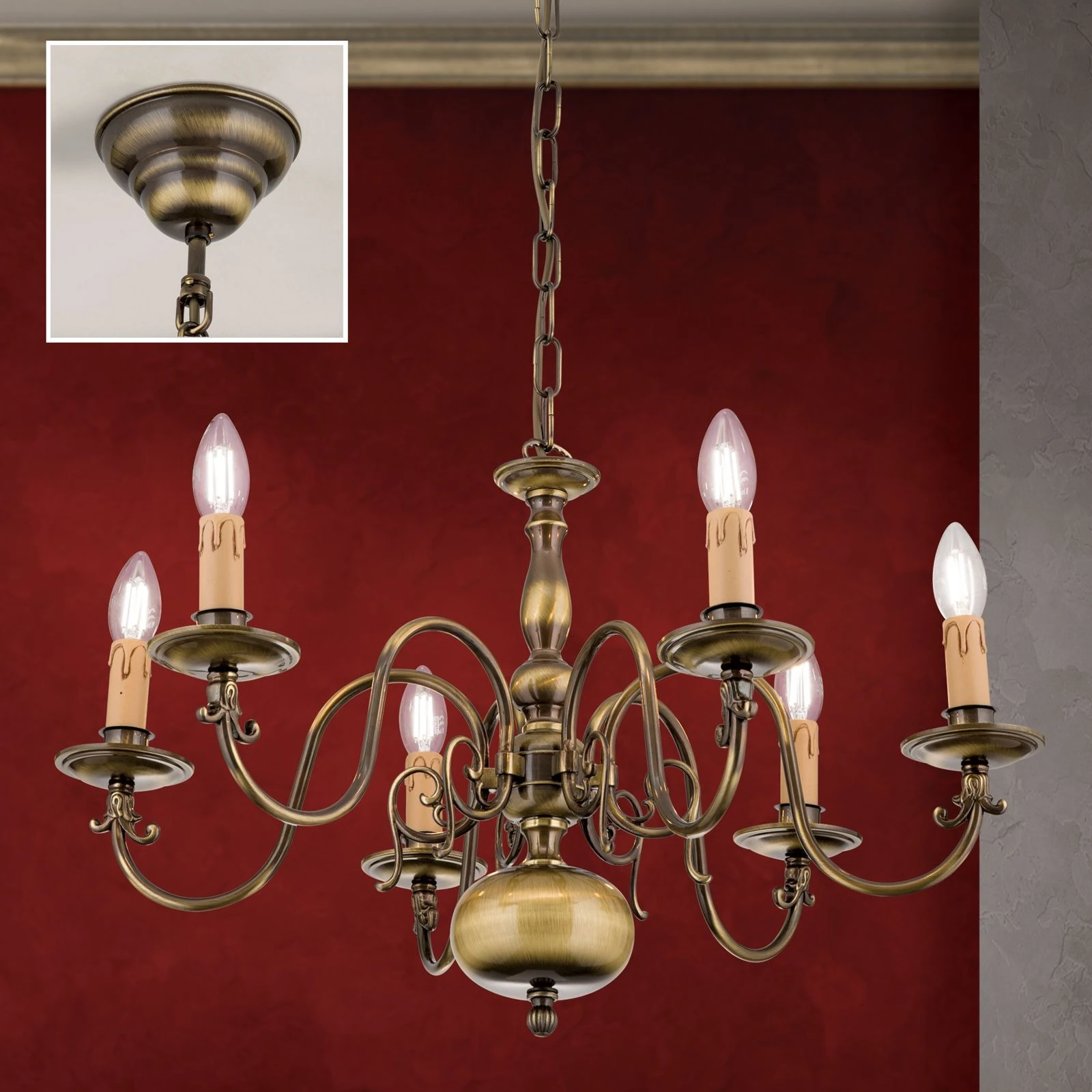 Luster FLÄMISCH, 6 izvora svetla, antik mesing - 2