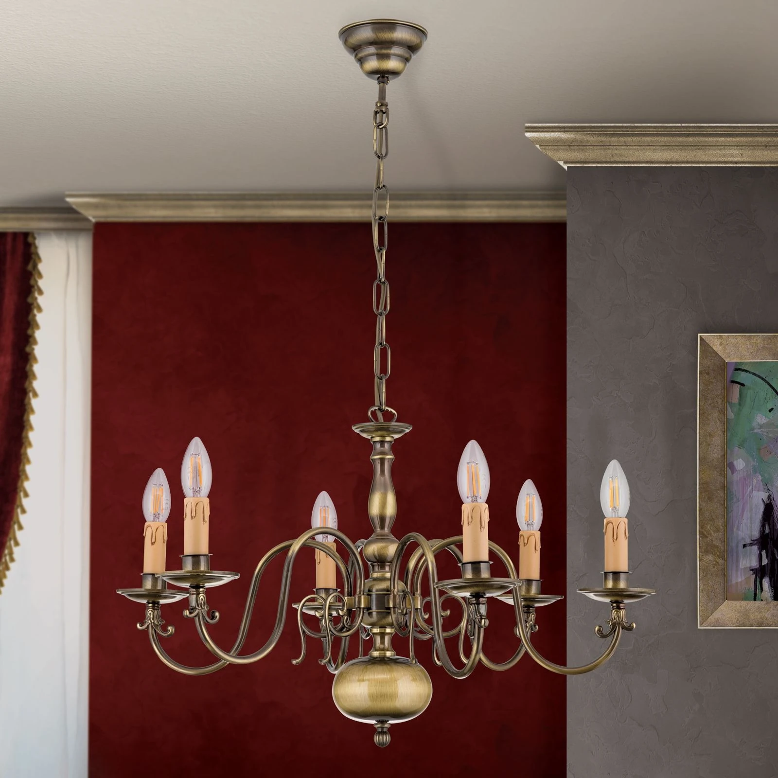 Luster FLÄMISCH, 6 izvora svetla, antik mesing - 3