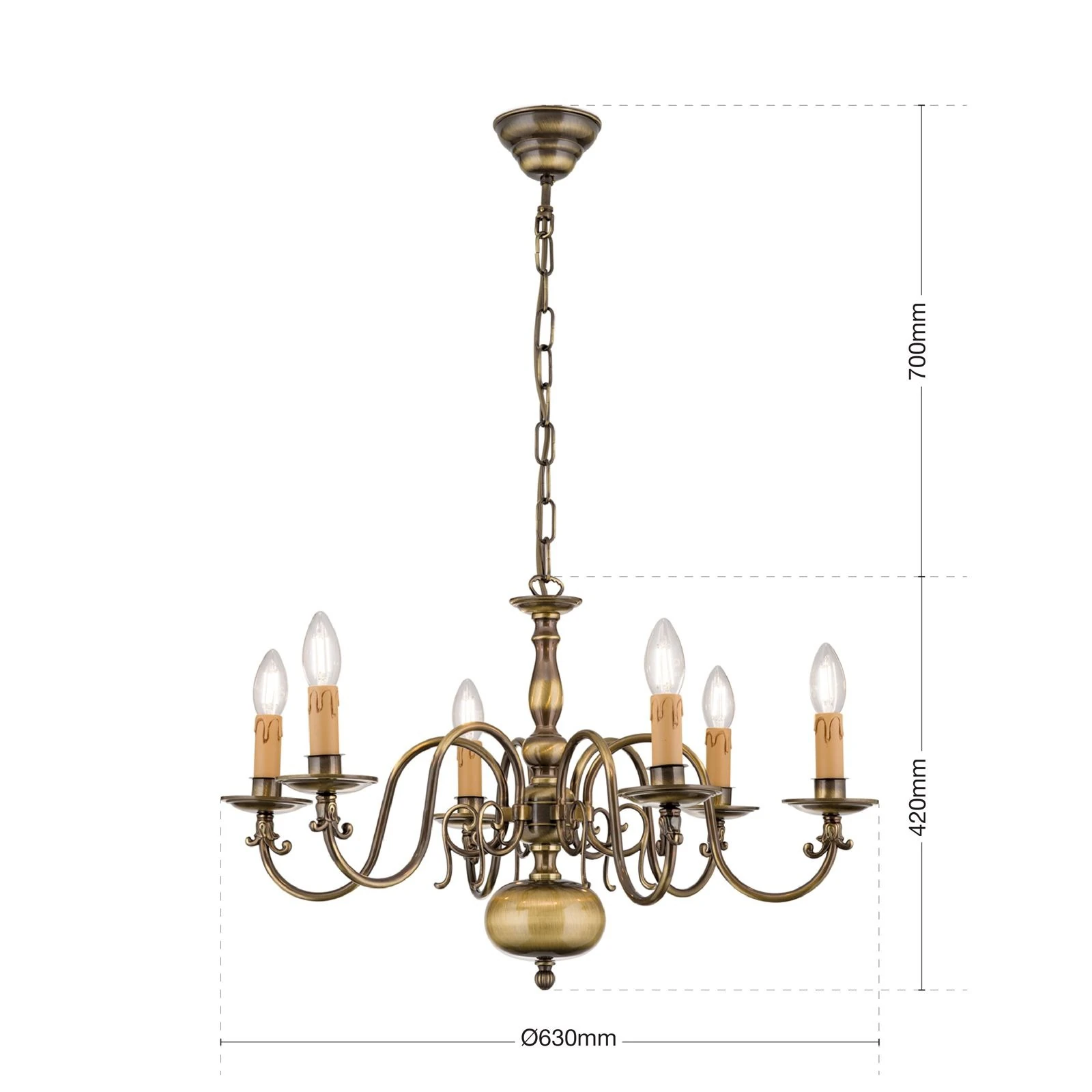 Luster FLÄMISCH, 6 izvora svetla, antik mesing - 7