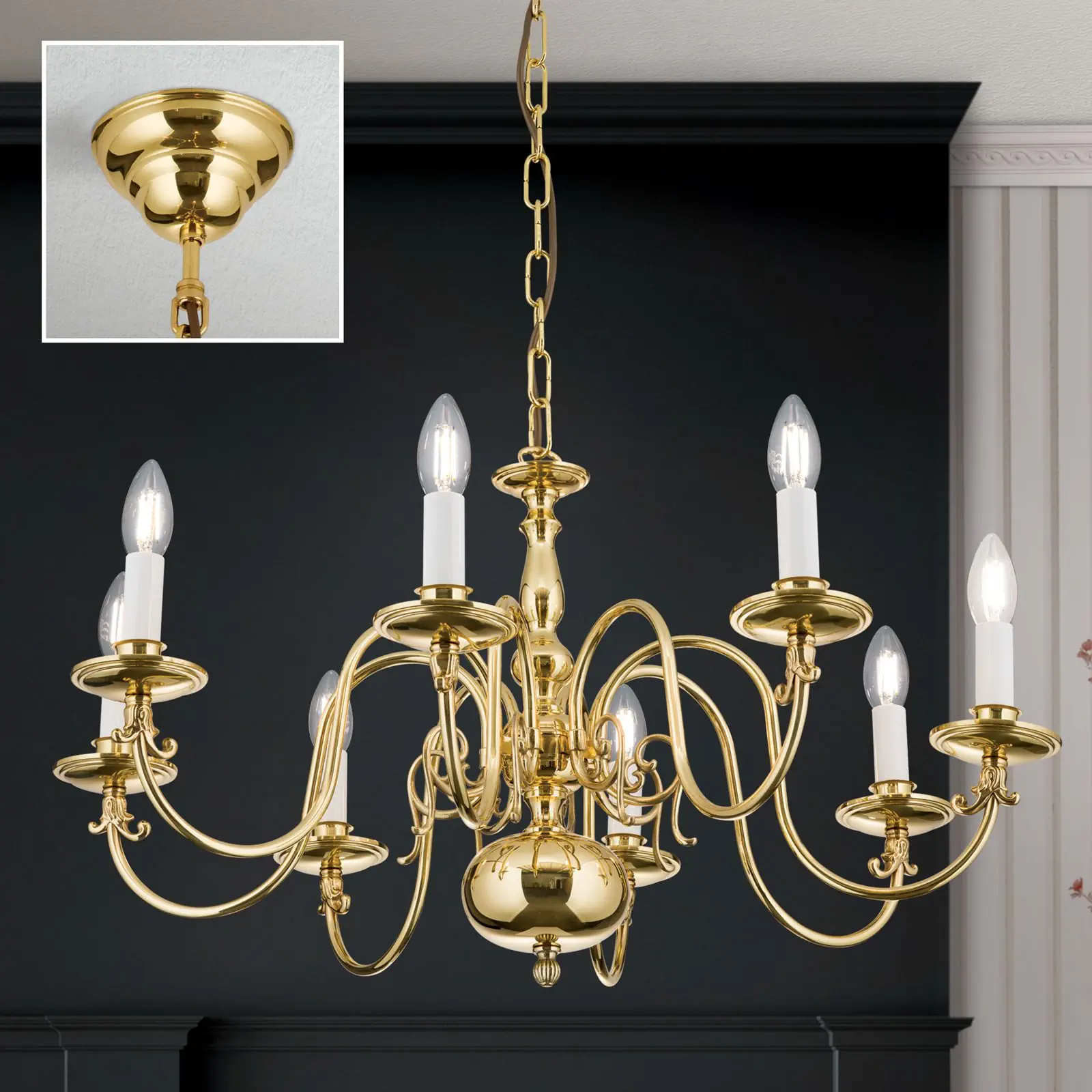 Luster FLÄMISCH, 8 izvora svetla, sjajni mesing - 2