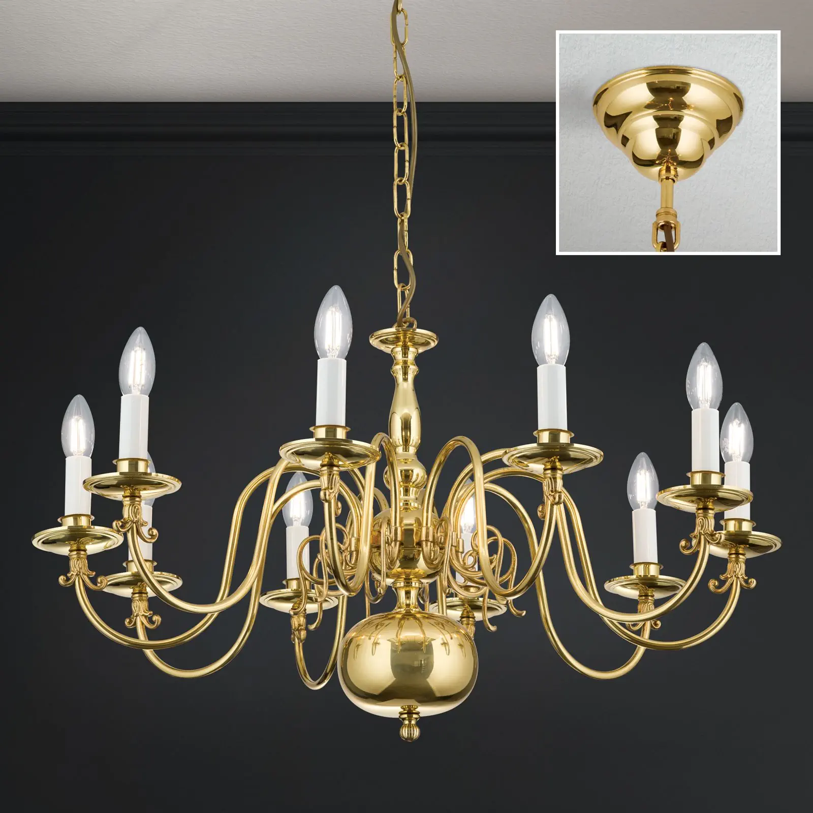 Luster FLÄMISCH, 10 izvora svetla, sjajni mesing - 2