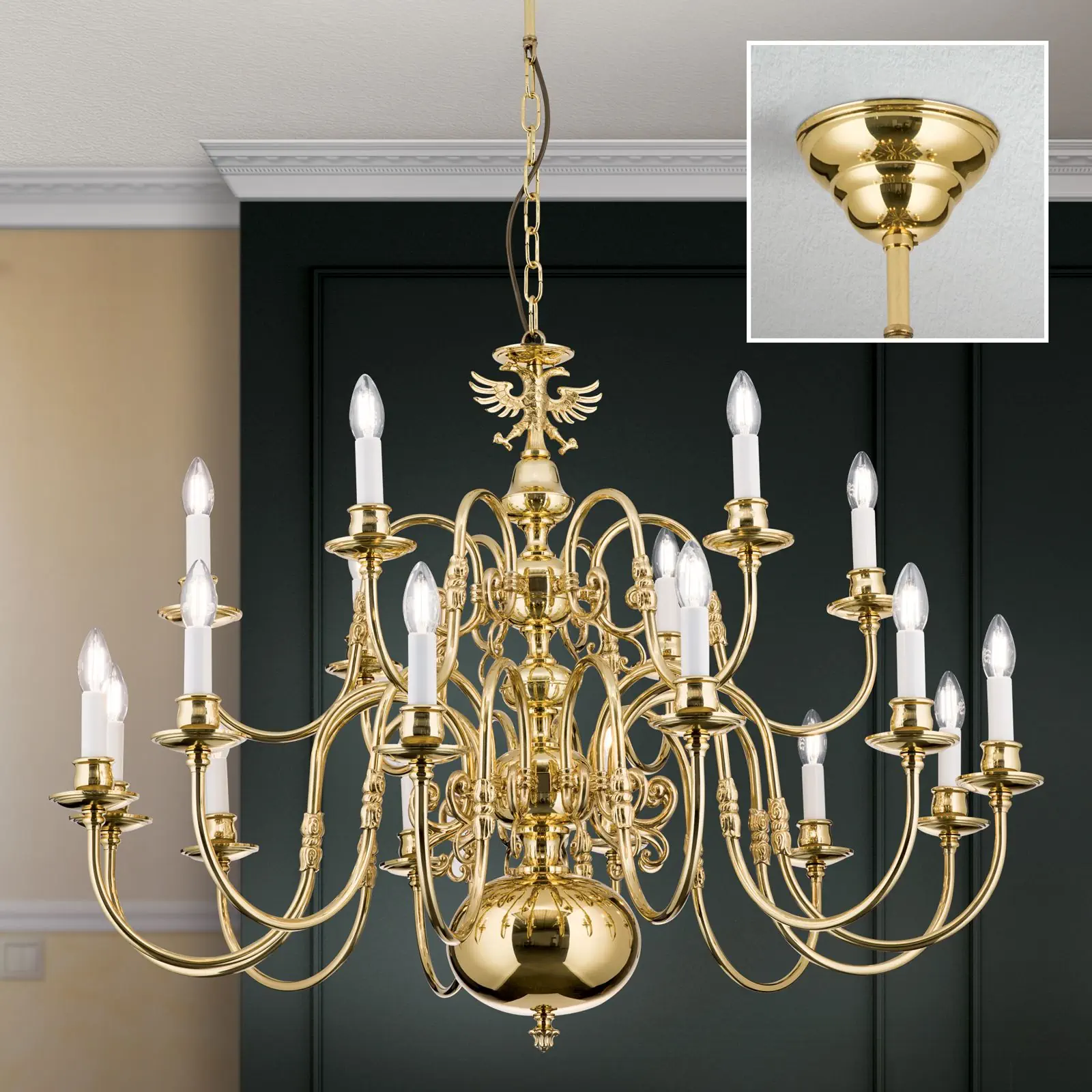 Luster FLÄMISCH, 12+6 izvora svetla, sjajni mesing, sa orlom - 2