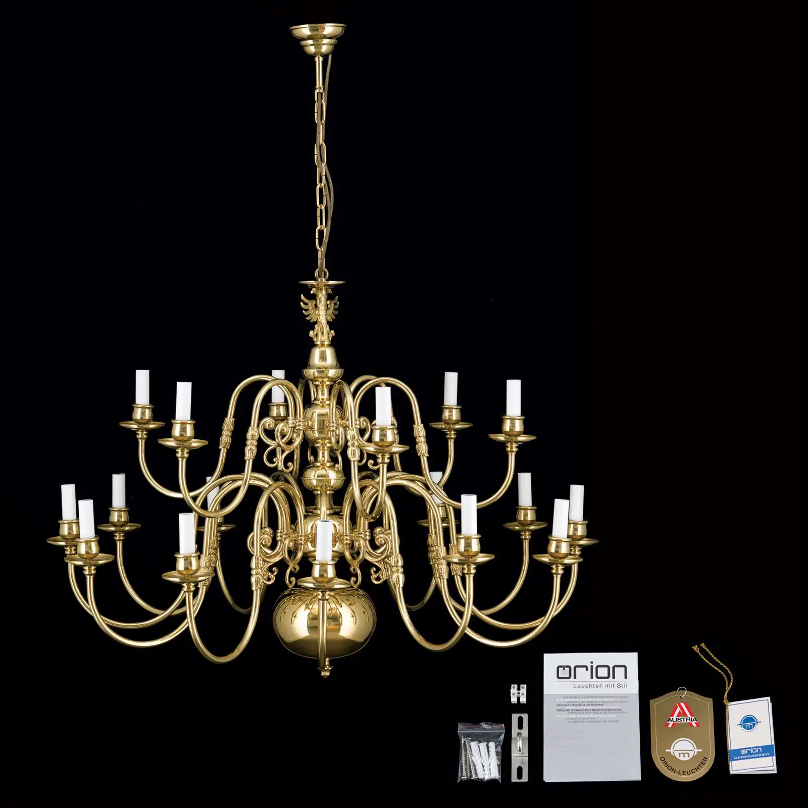 Luster FLÄMISCH, 12+6 izvora svetla, sjajni mesing, sa orlom - 8