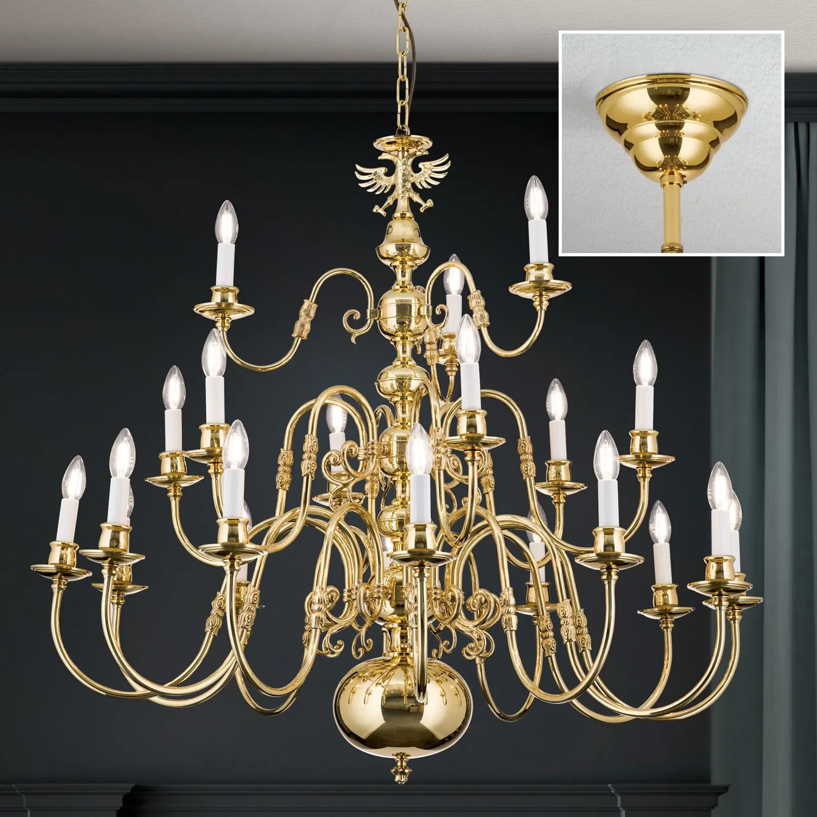 Luster FLÄMISCH, 12+6+3 izvora svetla, sjajni mesing, sa orlom - 2