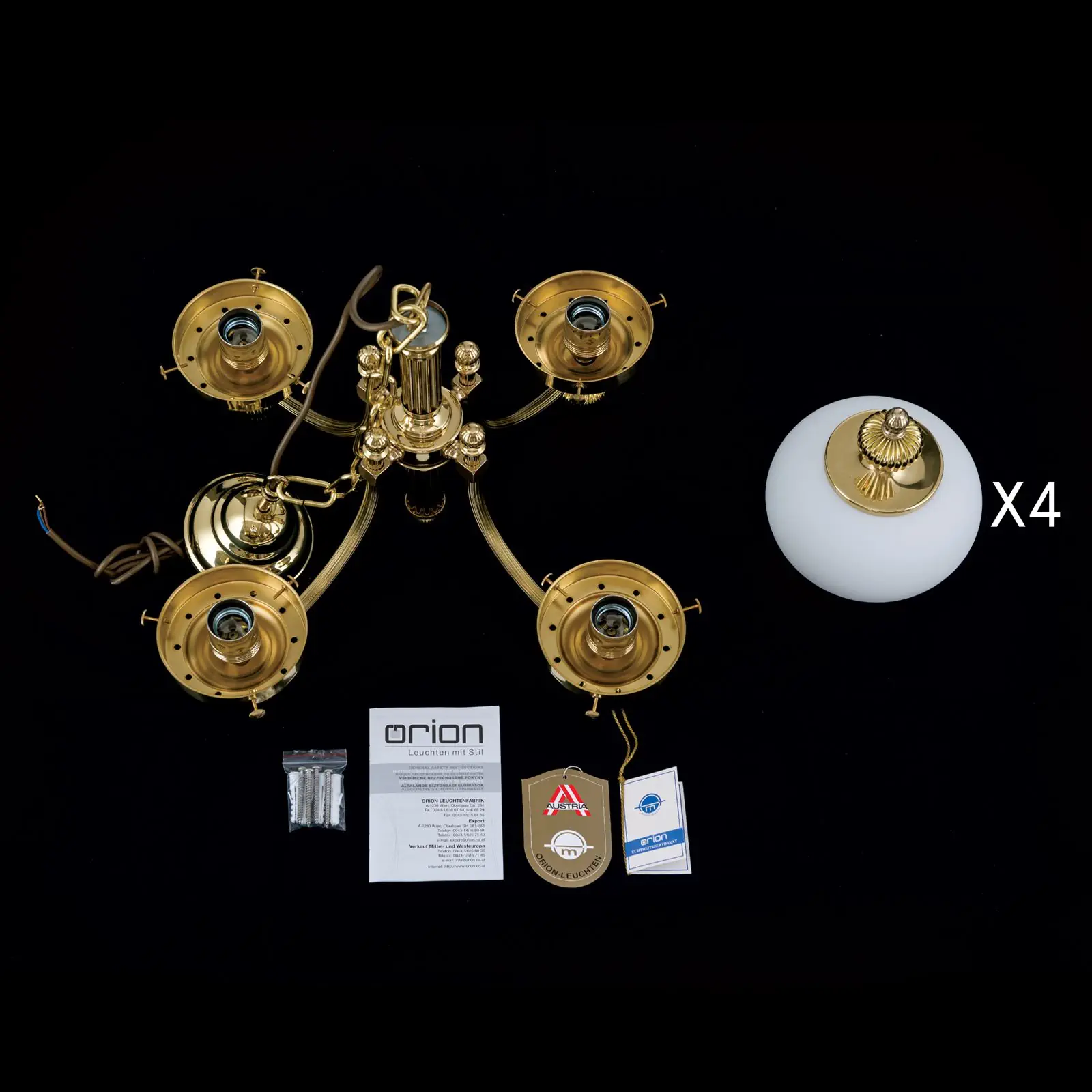Luster WIENER NOSTALGIE, 4 izvora svetla, sjajni mesing, sa opal mat staklom, usmeren nagore - 8