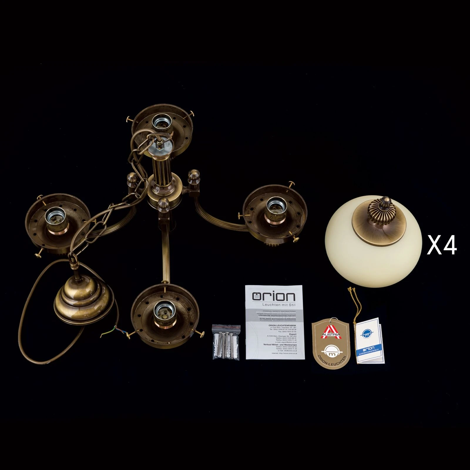 Luster WIENER NOSTALGIE, 4 svetla, nagore, antik mesing, šampanj mat staklo - 8