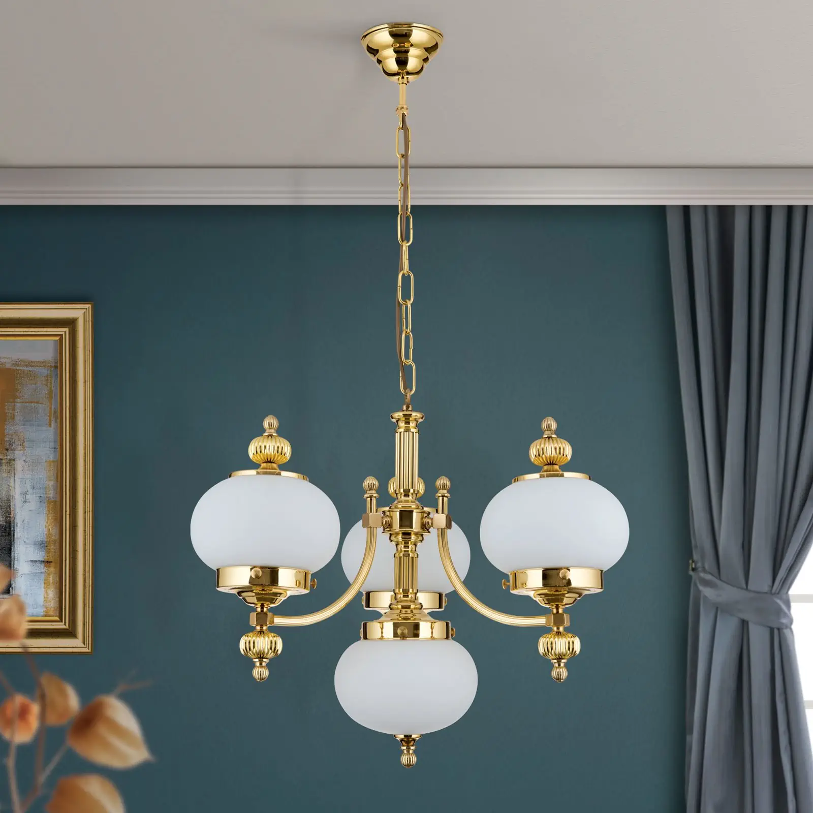 Luster WIENER NOSTALGIE, 3+1 izvora svetla, sjajni mesing, sa opal mat staklom, usmeren nagore - 3