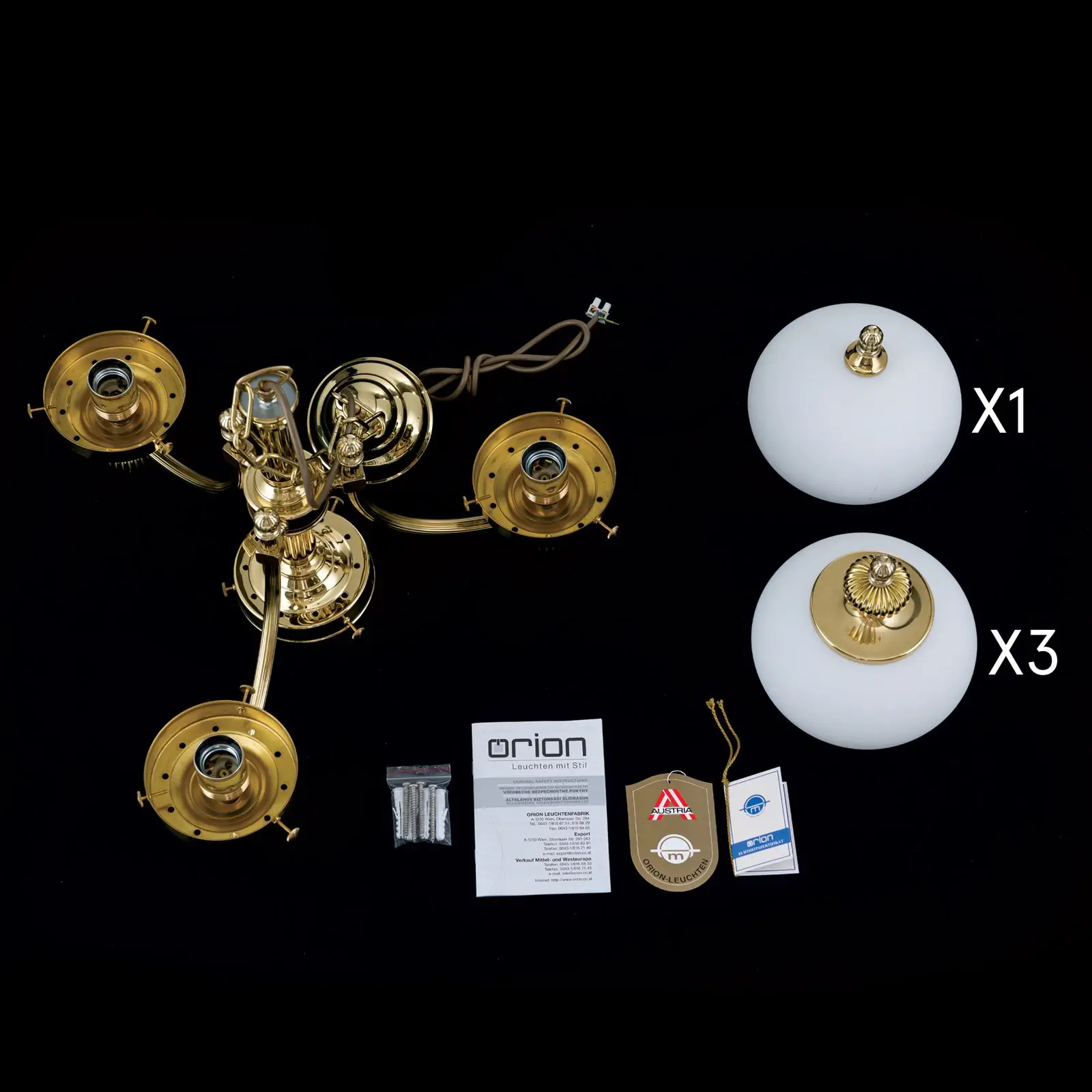 Luster WIENER NOSTALGIE, 3+1 izvora svetla, sjajni mesing, sa opal mat staklom, usmeren nagore - 8