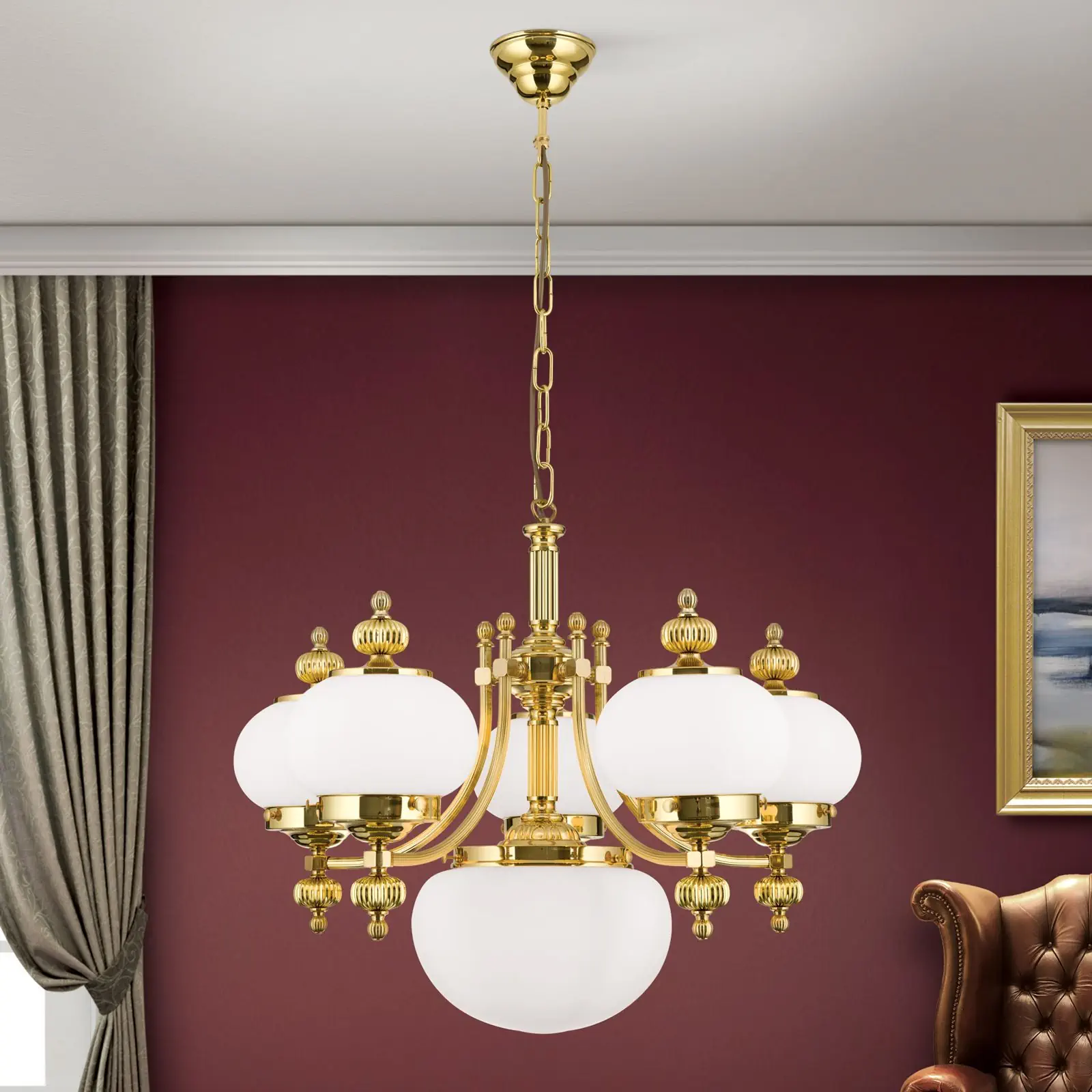 Luster WIENER NOSTALGIE, 5+1 izvora svetla, sjajni mesing, sa opal mat staklom, usmeren nagore