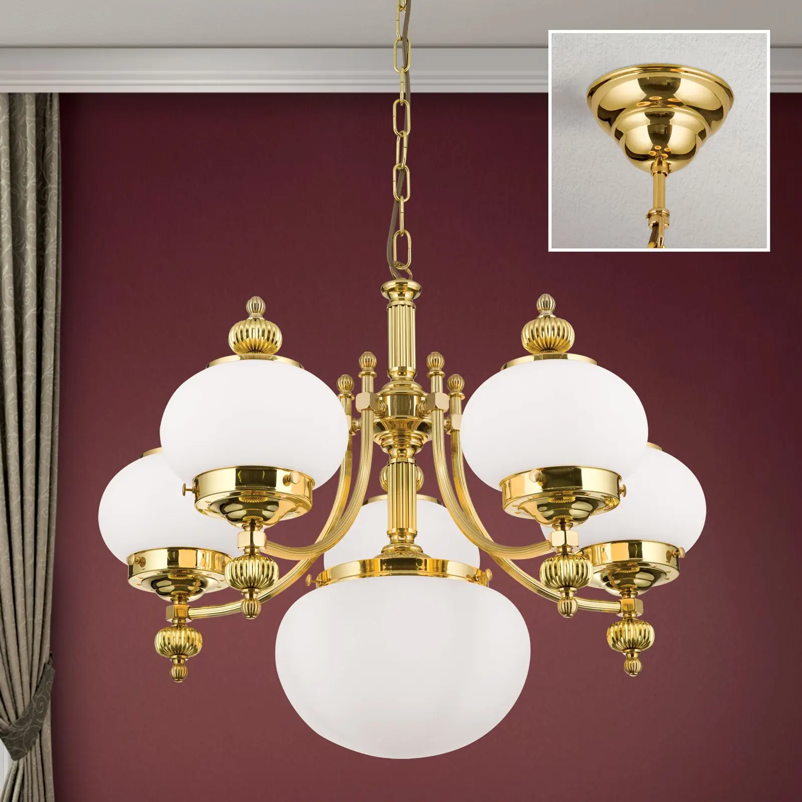 Luster WIENER NOSTALGIE, 5+1 izvora svetla, sjajni mesing, sa opal mat staklom, usmeren nagore - 2