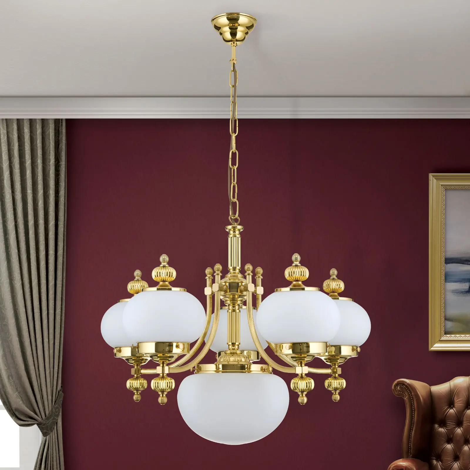 Luster WIENER NOSTALGIE, 5+1 izvora svetla, sjajni mesing, sa opal mat staklom, usmeren nagore - 3