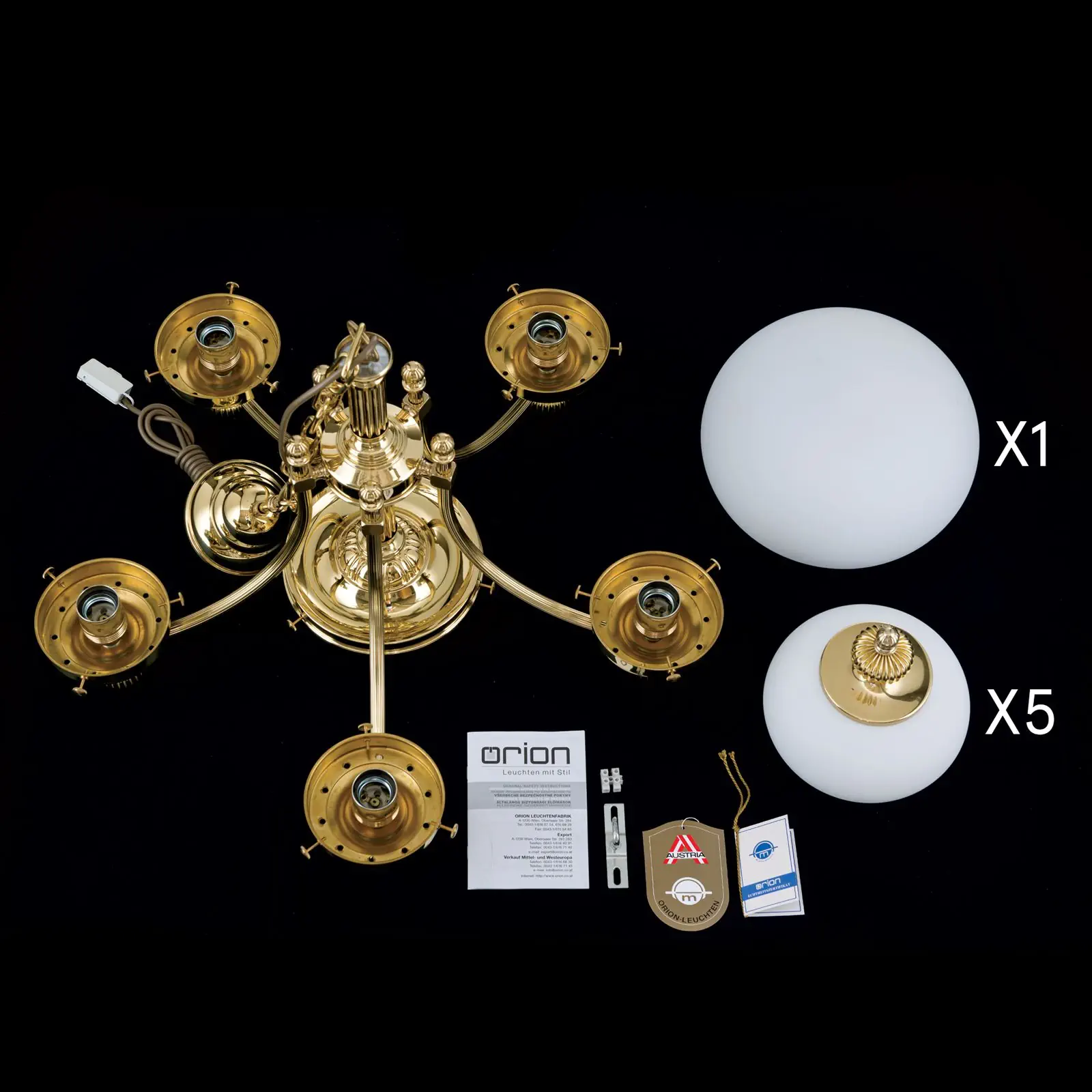 Luster WIENER NOSTALGIE, 5+1 izvora svetla, sjajni mesing, sa opal mat staklom, usmeren nagore - 8