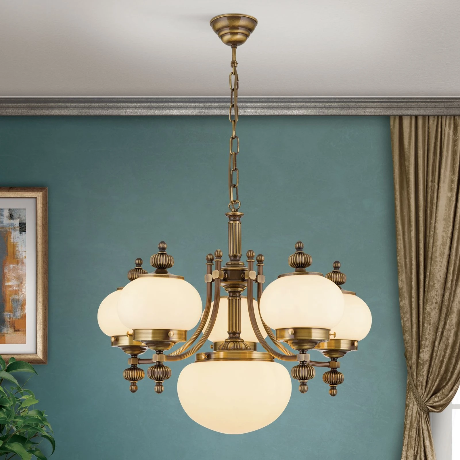 Luster WIENER NOSTALGIE, 5+1 izvora svetla, nagore, antik mesing, šampanj mat staklo - 1