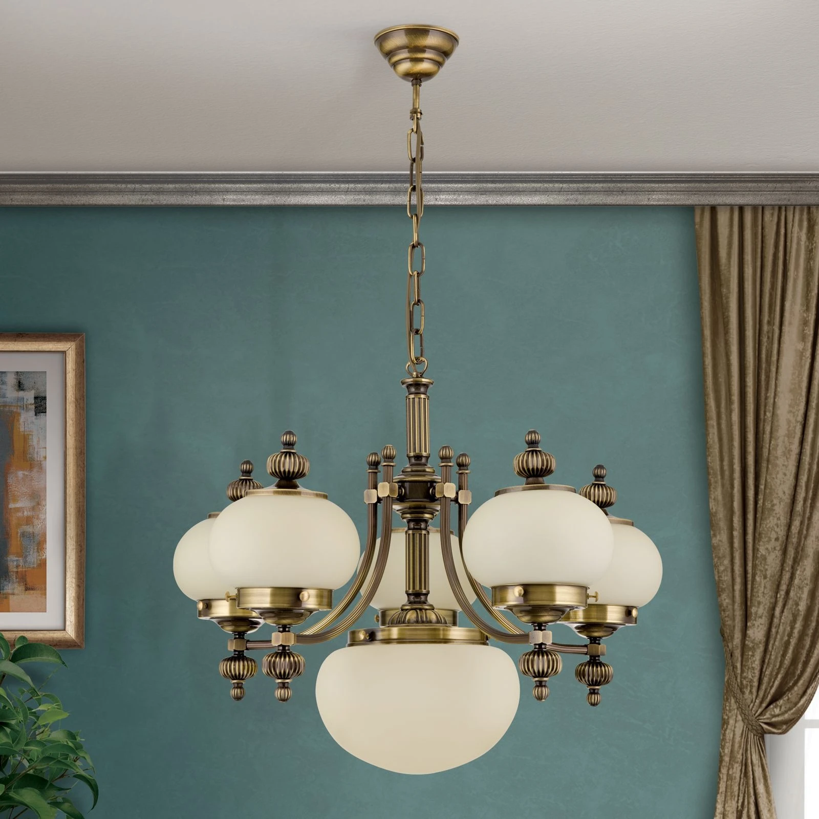 Luster WIENER NOSTALGIE, 5+1 izvora svetla, nagore, antik mesing, šampanj mat staklo - 3