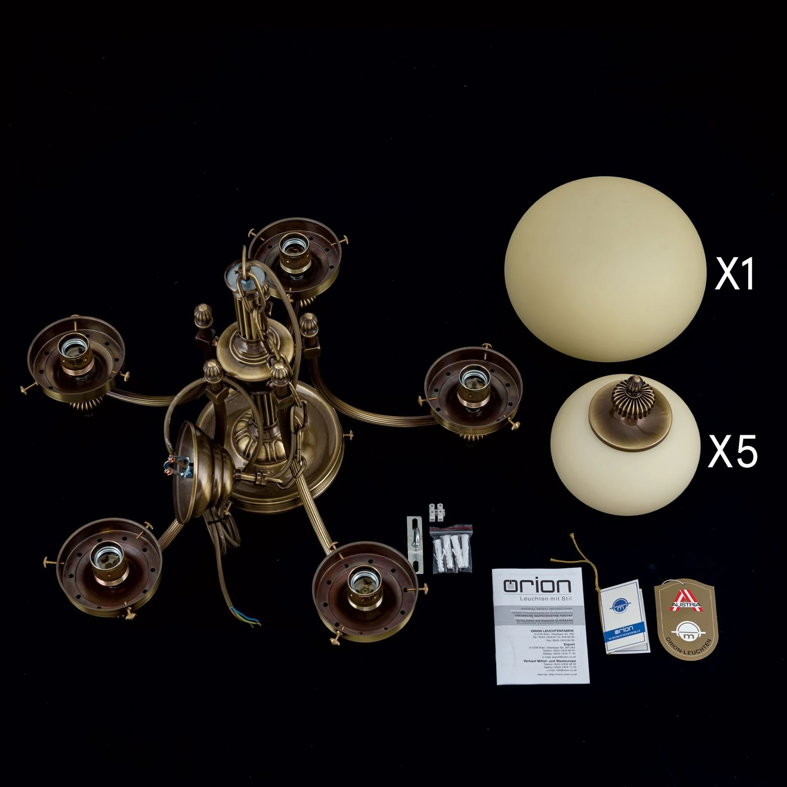 Luster WIENER NOSTALGIE, 5+1 izvora svetla, nagore, antik mesing, šampanj mat staklo - 8