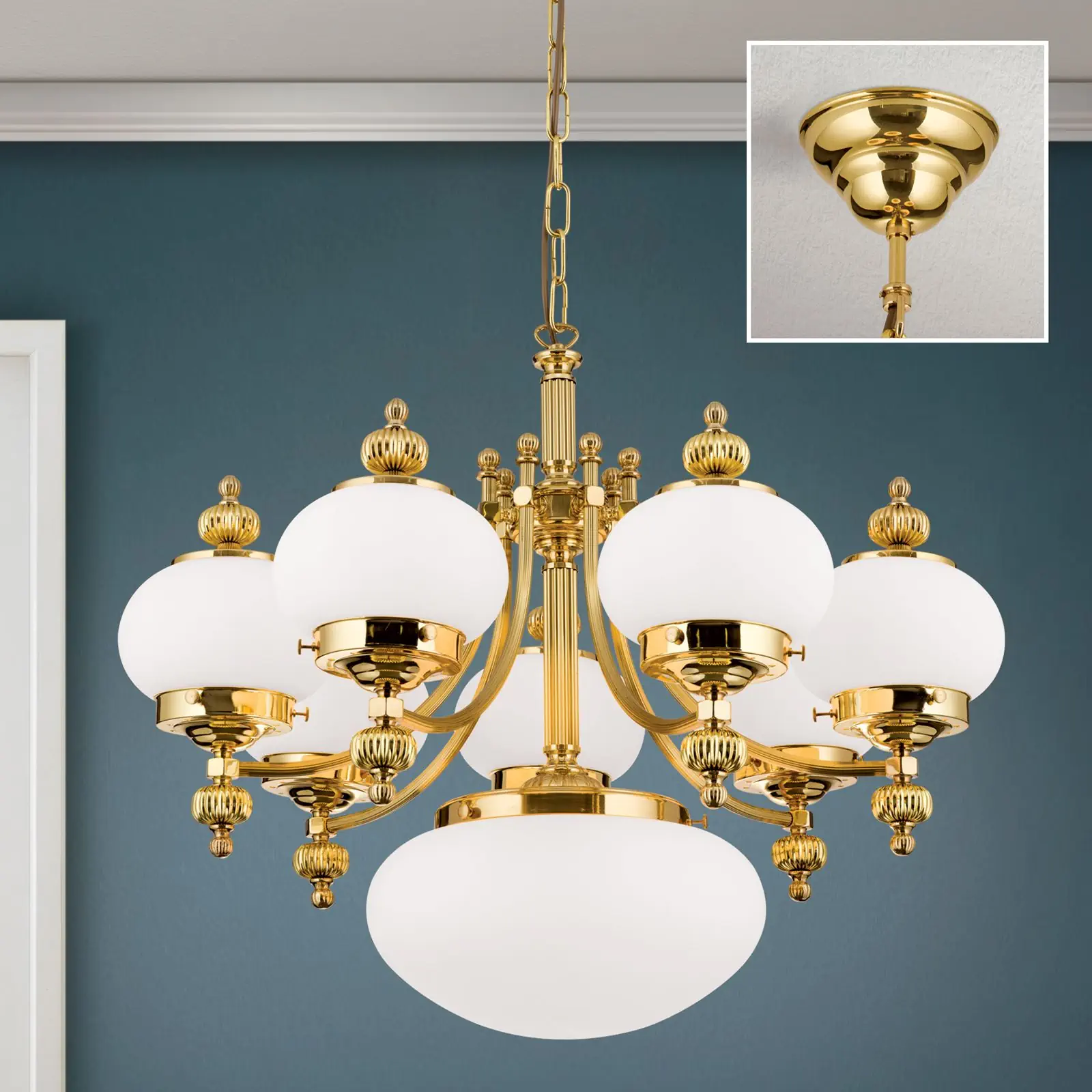 Luster WIENER NOSTALGIE, 7+1 izvora svetla, sjajni mesing, sa opal mat staklom, usmeren nagore - 2