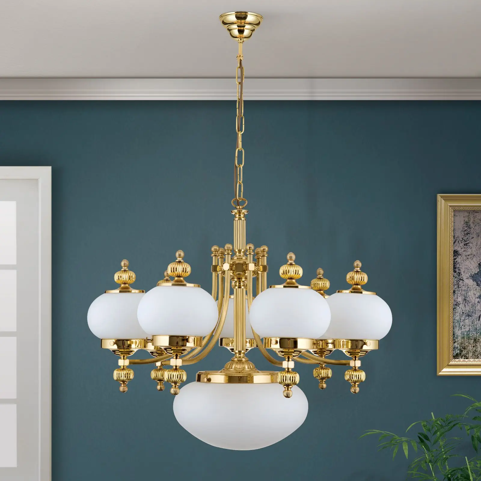 Luster WIENER NOSTALGIE, 7+1 izvora svetla, sjajni mesing, sa opal mat staklom, usmeren nagore - 3