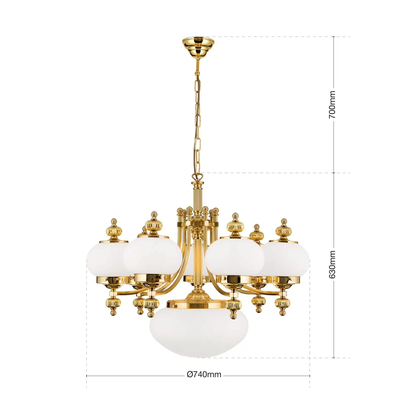 Luster WIENER NOSTALGIE, 7+1 izvora svetla, sjajni mesing, sa opal mat staklom, usmeren nagore - 7