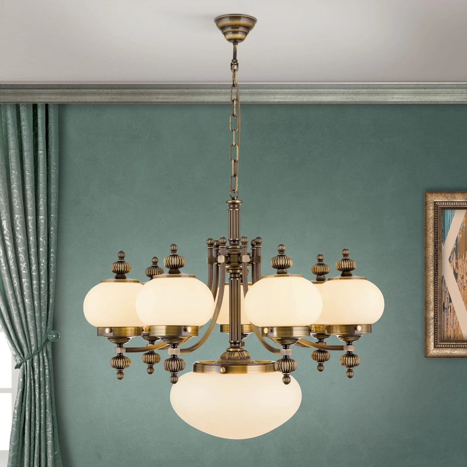 Luster WIENER NOSTALGIE, 7+1 izvora svetla, nagore, antik mesing, šampanj mat staklo - 1