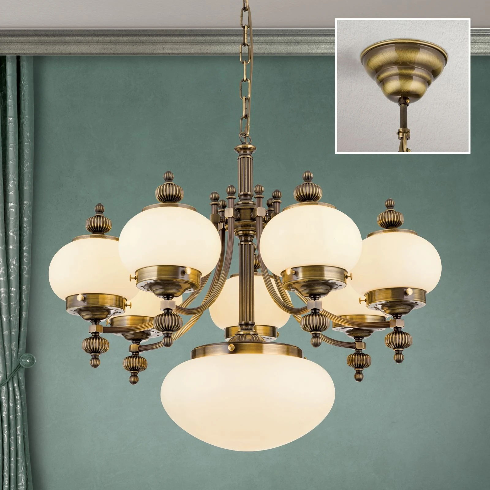 Luster WIENER NOSTALGIE, 7+1 izvora svetla, nagore, antik mesing, šampanj mat staklo - 2