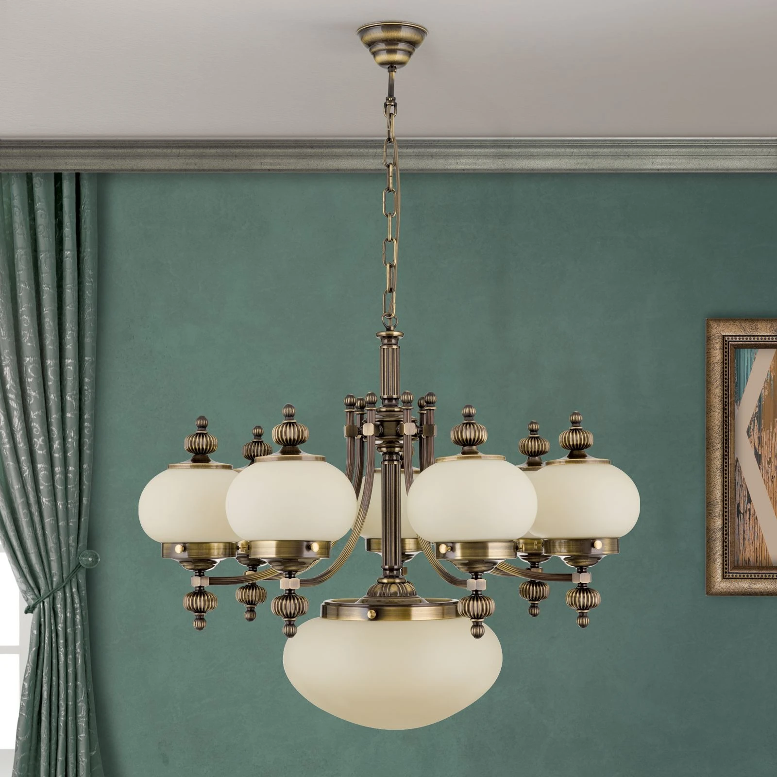 Luster WIENER NOSTALGIE, 7+1 izvora svetla, nagore, antik mesing, šampanj mat staklo - 3