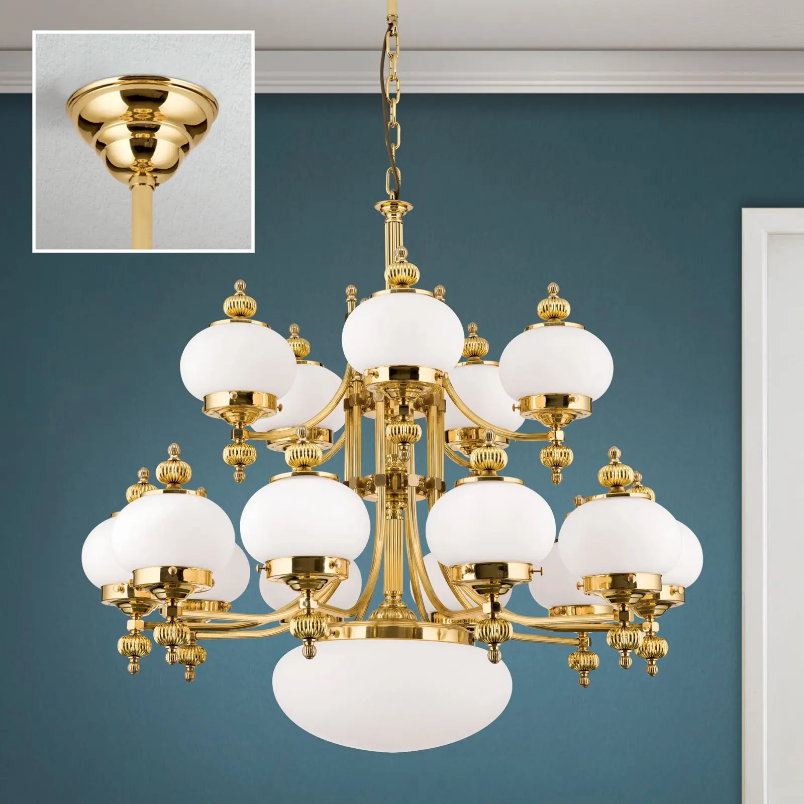 Luster WIENER NOSTALGIE, 16 izvora svetla, sjajni mesing, sa opal mat staklom, usmeren nagore - 2