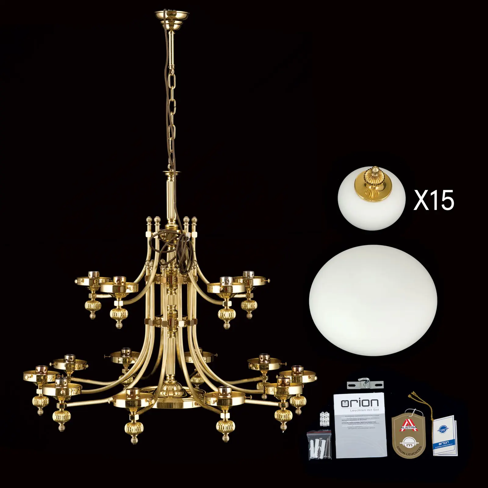 Luster WIENER NOSTALGIE, 16 izvora svetla, sjajni mesing, sa opal mat staklom, usmeren nagore - 8