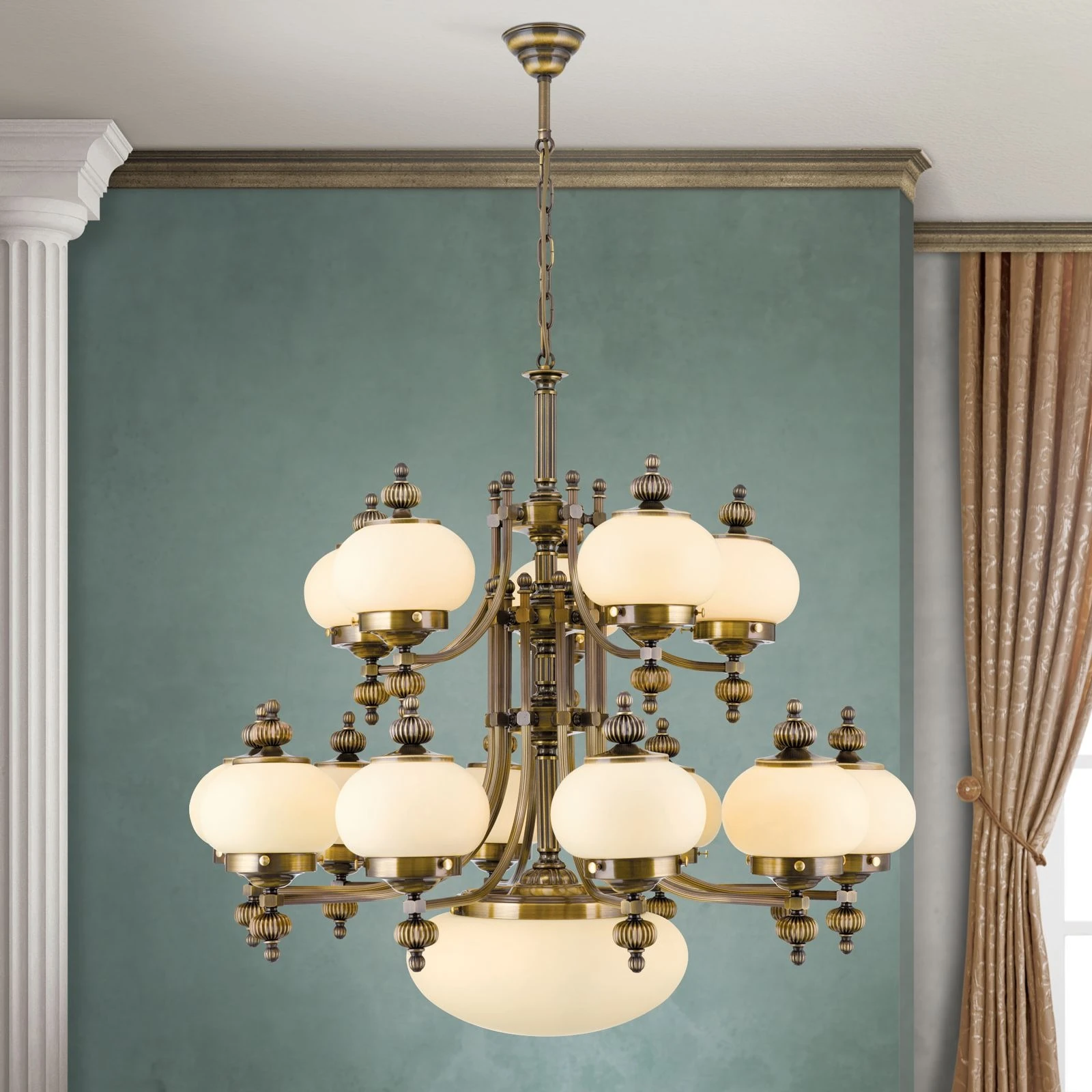 Luster WIENER NOSTALGIE, 10+5+1 izvora svetla, nagore, antik mesing, šampanj mat staklo