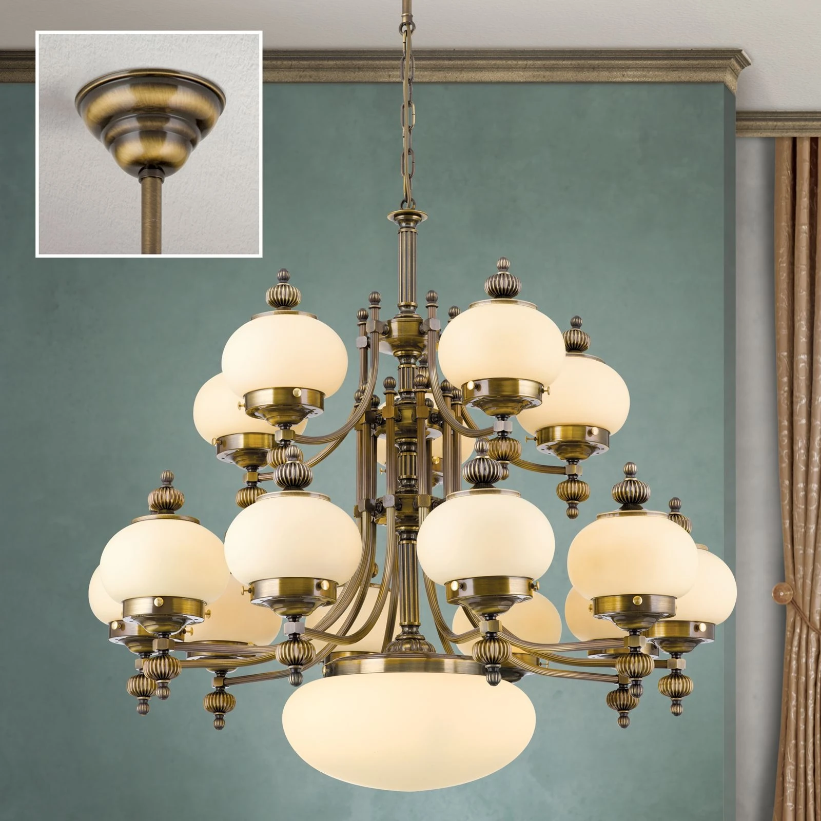 Luster WIENER NOSTALGIE, 10+5+1 izvora svetla, nagore, antik mesing, šampanj mat staklo - 2