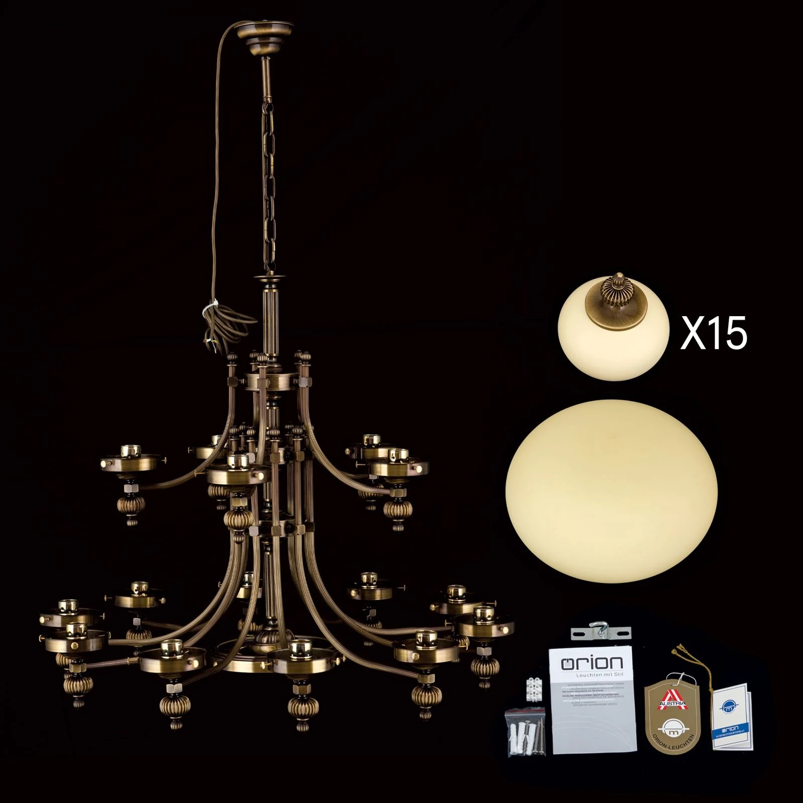 Luster WIENER NOSTALGIE, 10+5+1 izvora svetla, nagore, antik mesing, šampanj mat staklo - 8