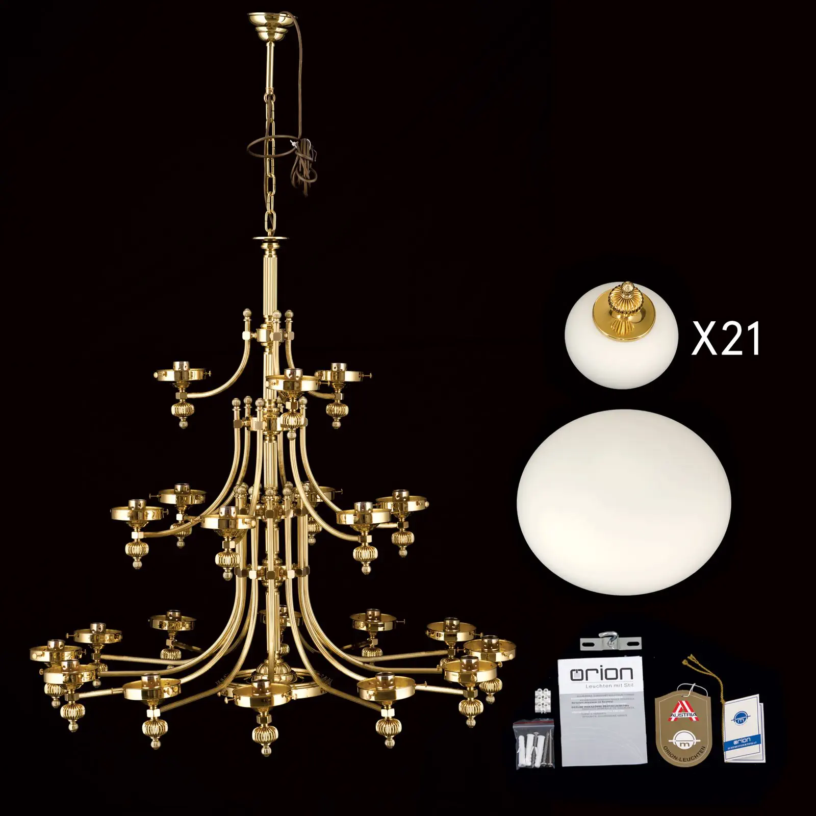 Luster WIENER NOSTALGIE, 22 izvora svetla, sjajni mesing, sa opal mat staklom, usmeren nagore - 8