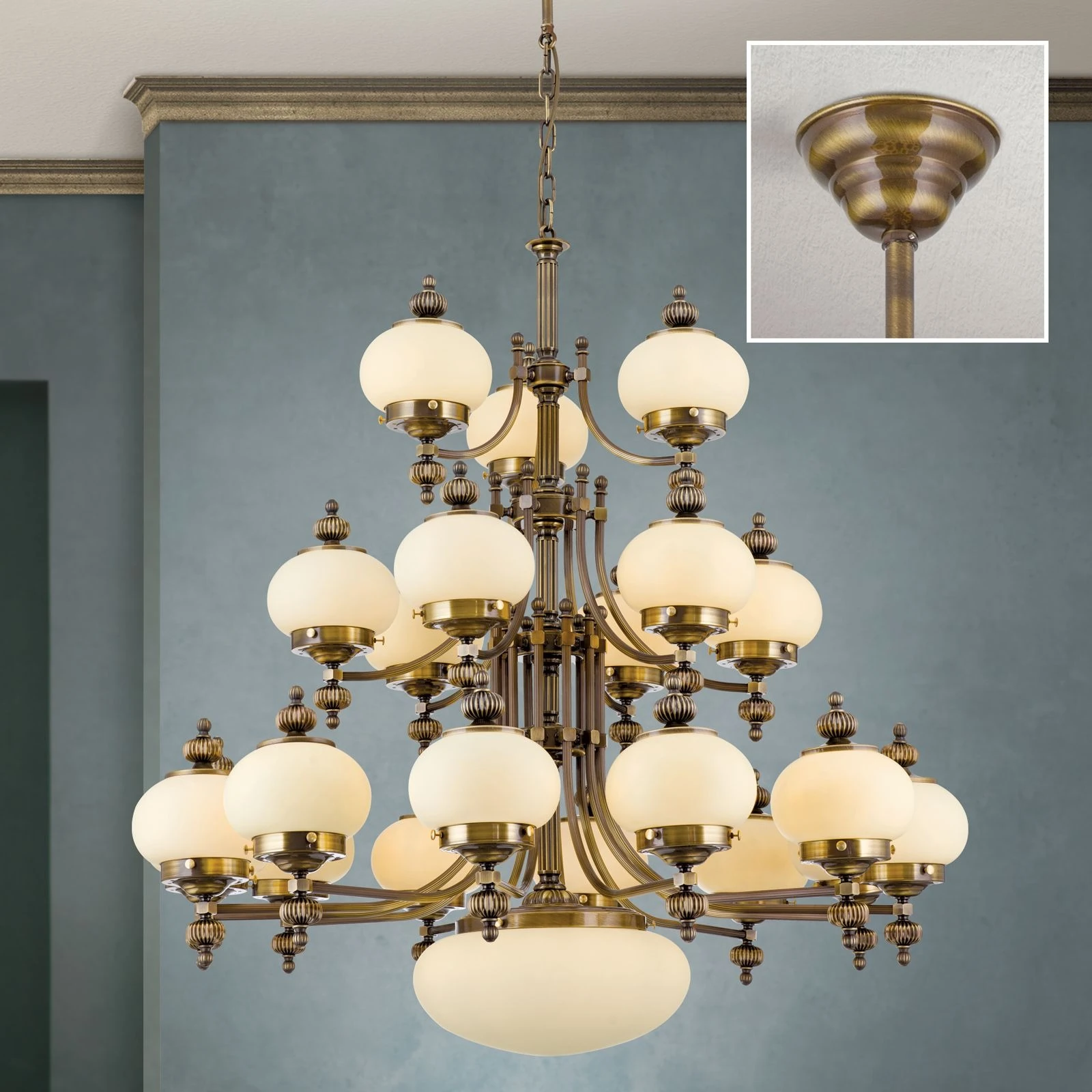 Luster WIENER NOSTALGIE, 12+6+3+1 izvora svetla, nagore, antik mesing, šampanj mat staklo - 2