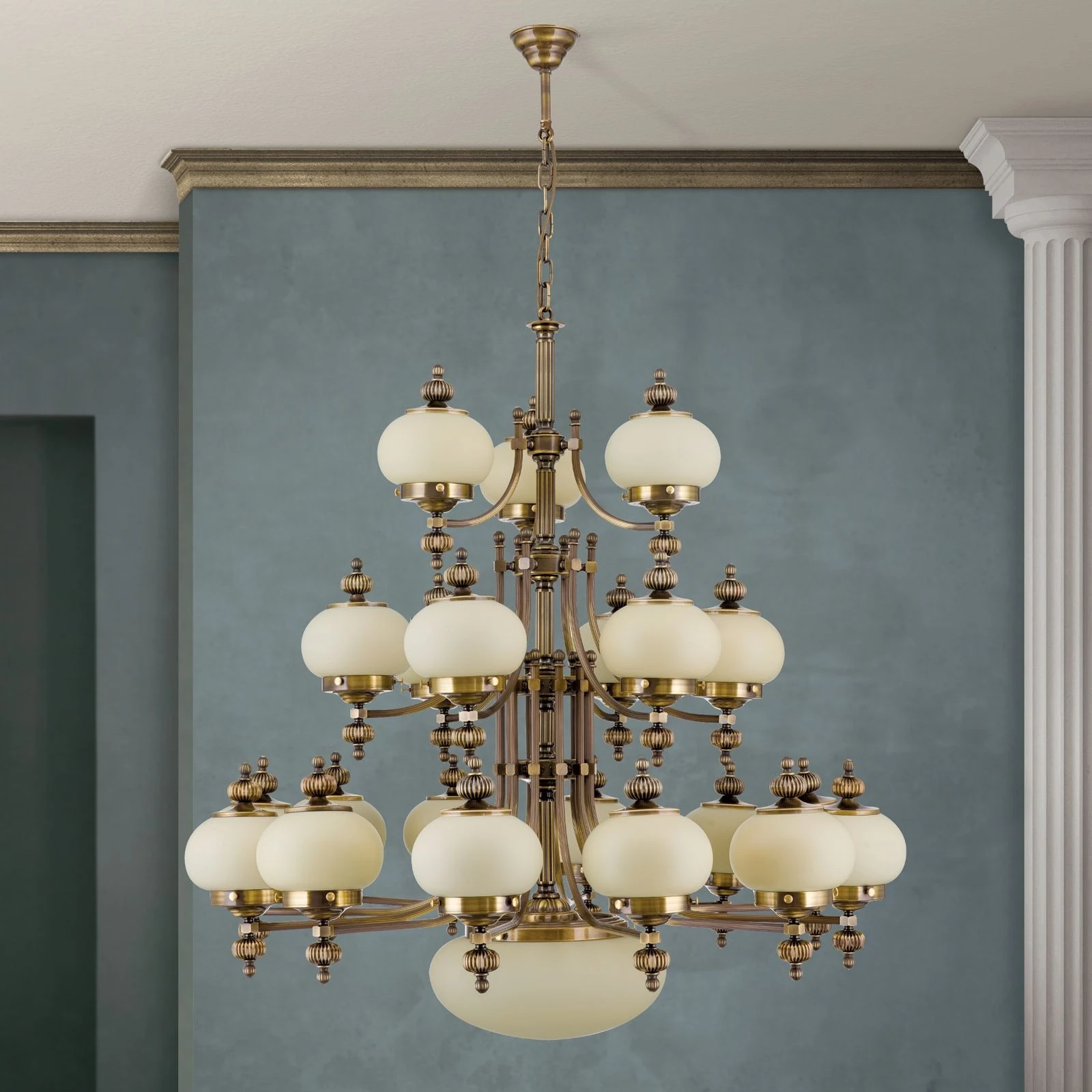 Luster WIENER NOSTALGIE, 12+6+3+1 izvora svetla, nagore, antik mesing, šampanj mat staklo - 3