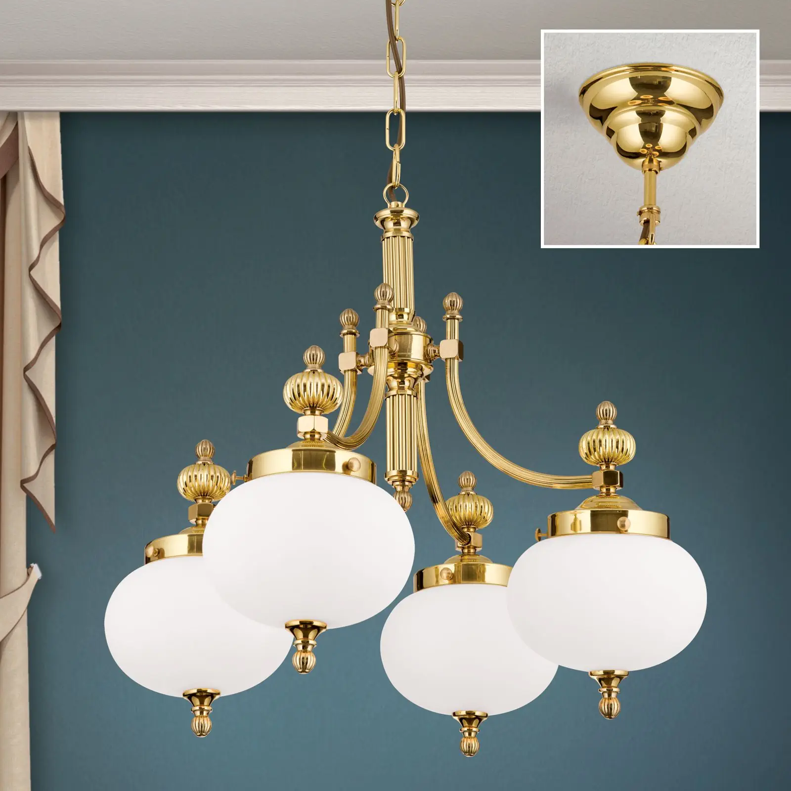 Luster WIENER NOSTALGIE, 4 izvora svetla, sjajni mesing, sa opal mat staklom, usmeren nadole - 2