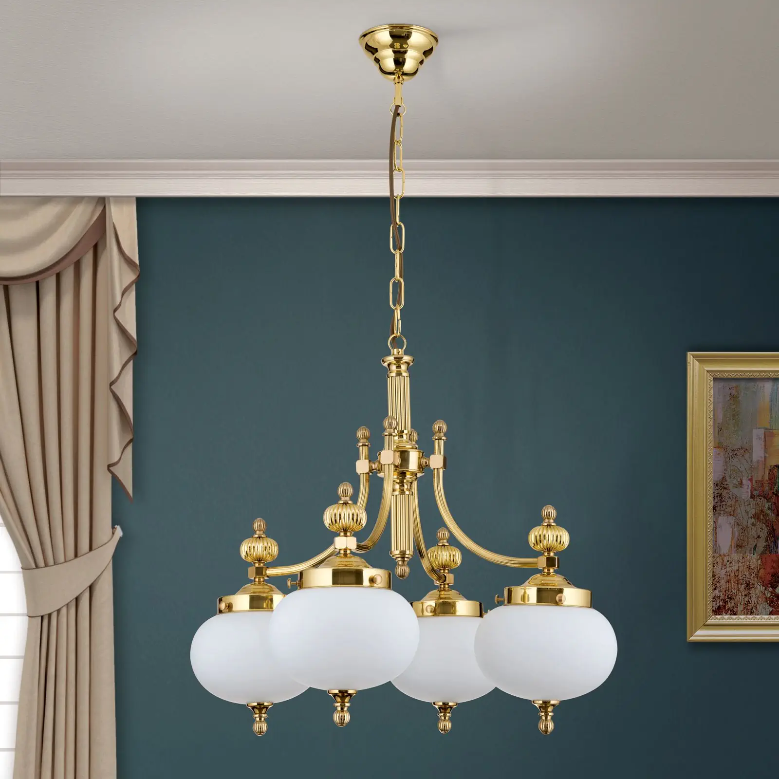 Luster WIENER NOSTALGIE, 4 izvora svetla, sjajni mesing, sa opal mat staklom, usmeren nadole - 3