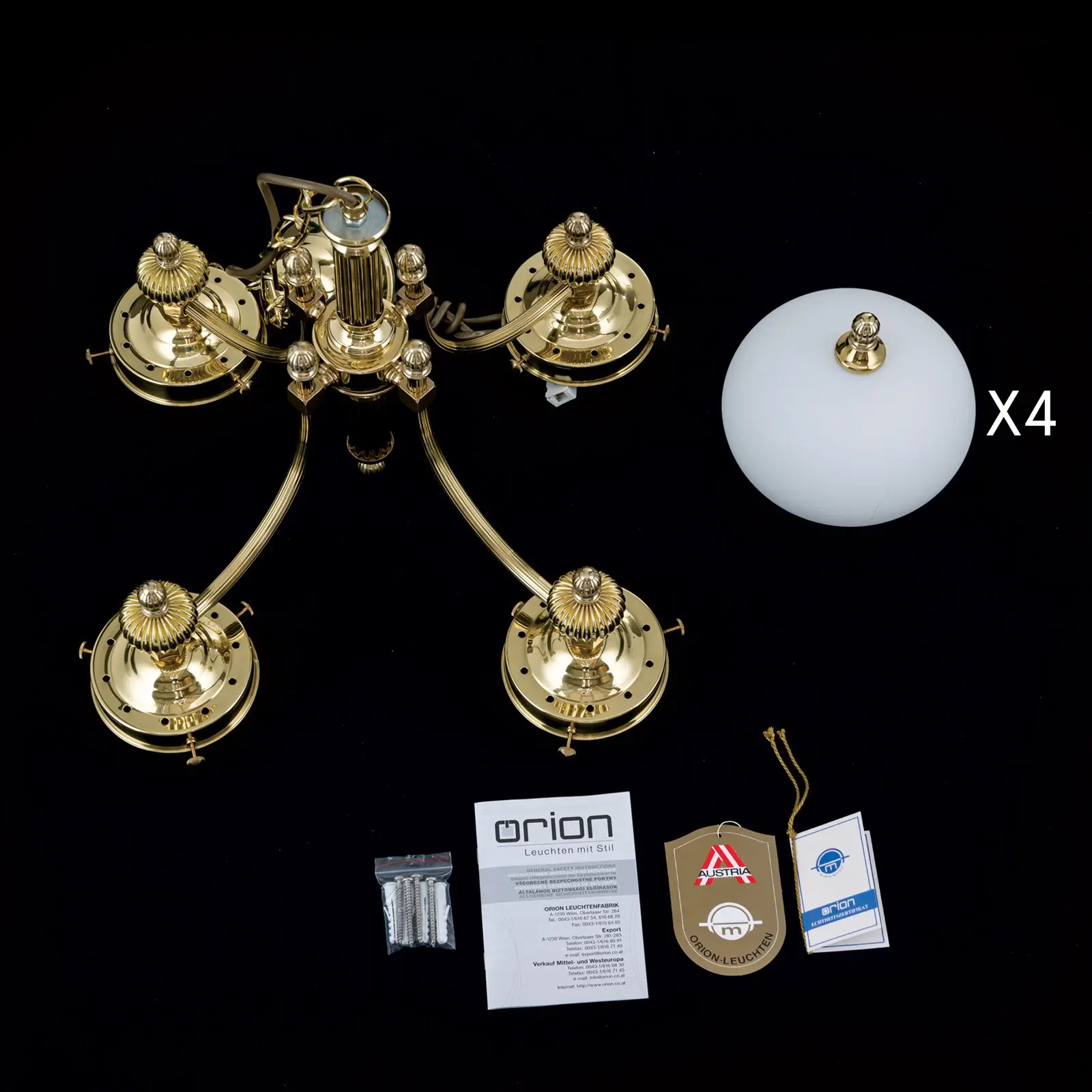 Luster WIENER NOSTALGIE, 4 izvora svetla, sjajni mesing, sa opal mat staklom, usmeren nadole - 8