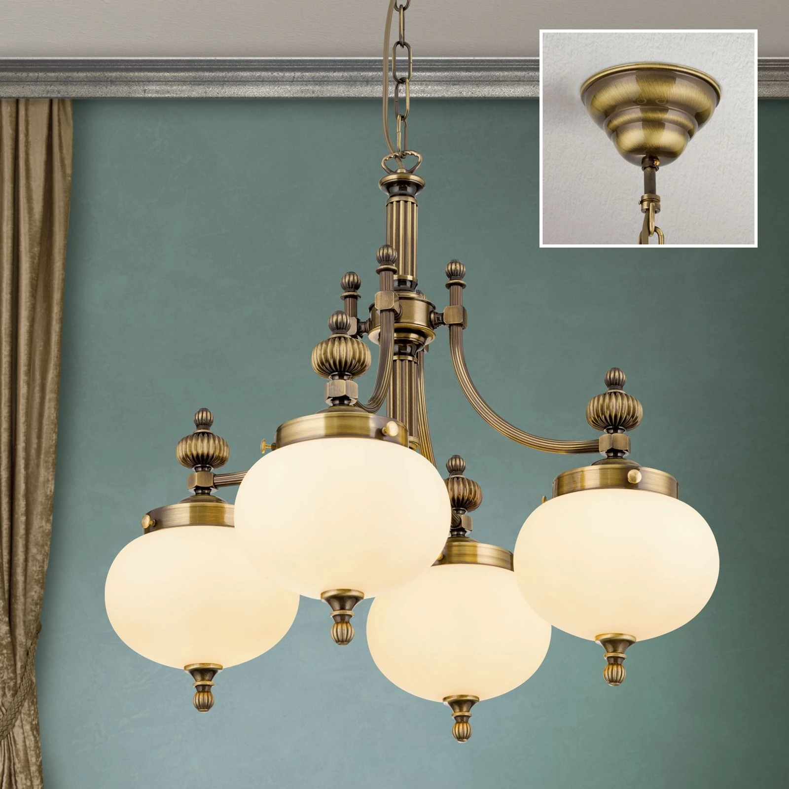 Luster WIENER NOSTALGIE, 4 svetla, nadole, antik mesing, sjajni šampanj abažuri - 2