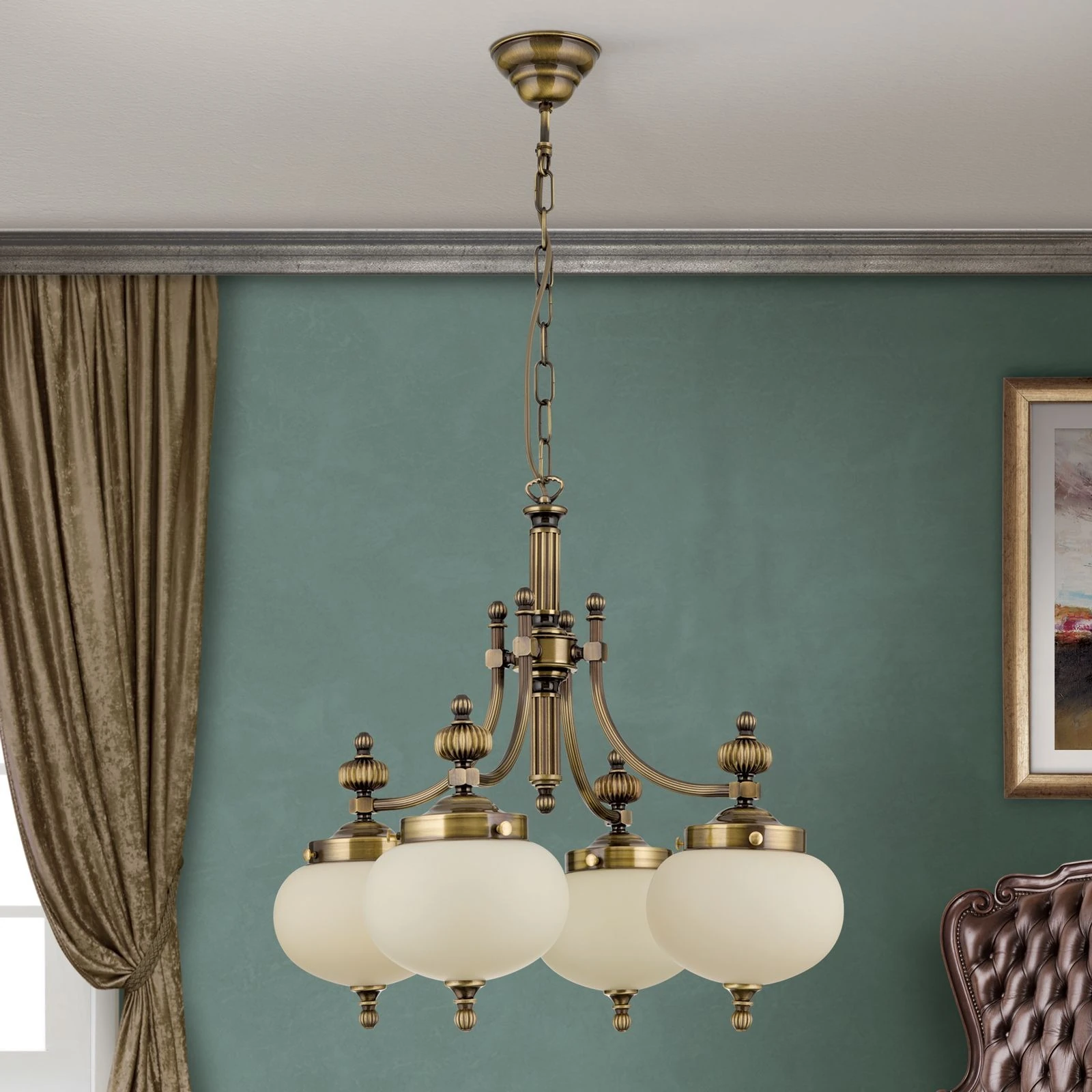 Luster WIENER NOSTALGIE, 4 svetla, nadole, antik mesing, sjajni šampanj abažuri - 3