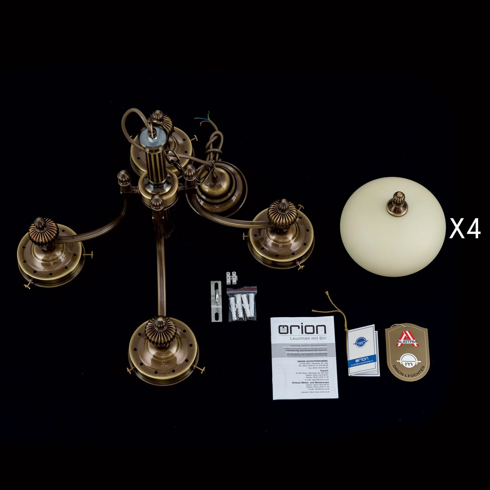Luster WIENER NOSTALGIE, 4 svetla, nadole, antik mesing, sjajni šampanj abažuri - 8