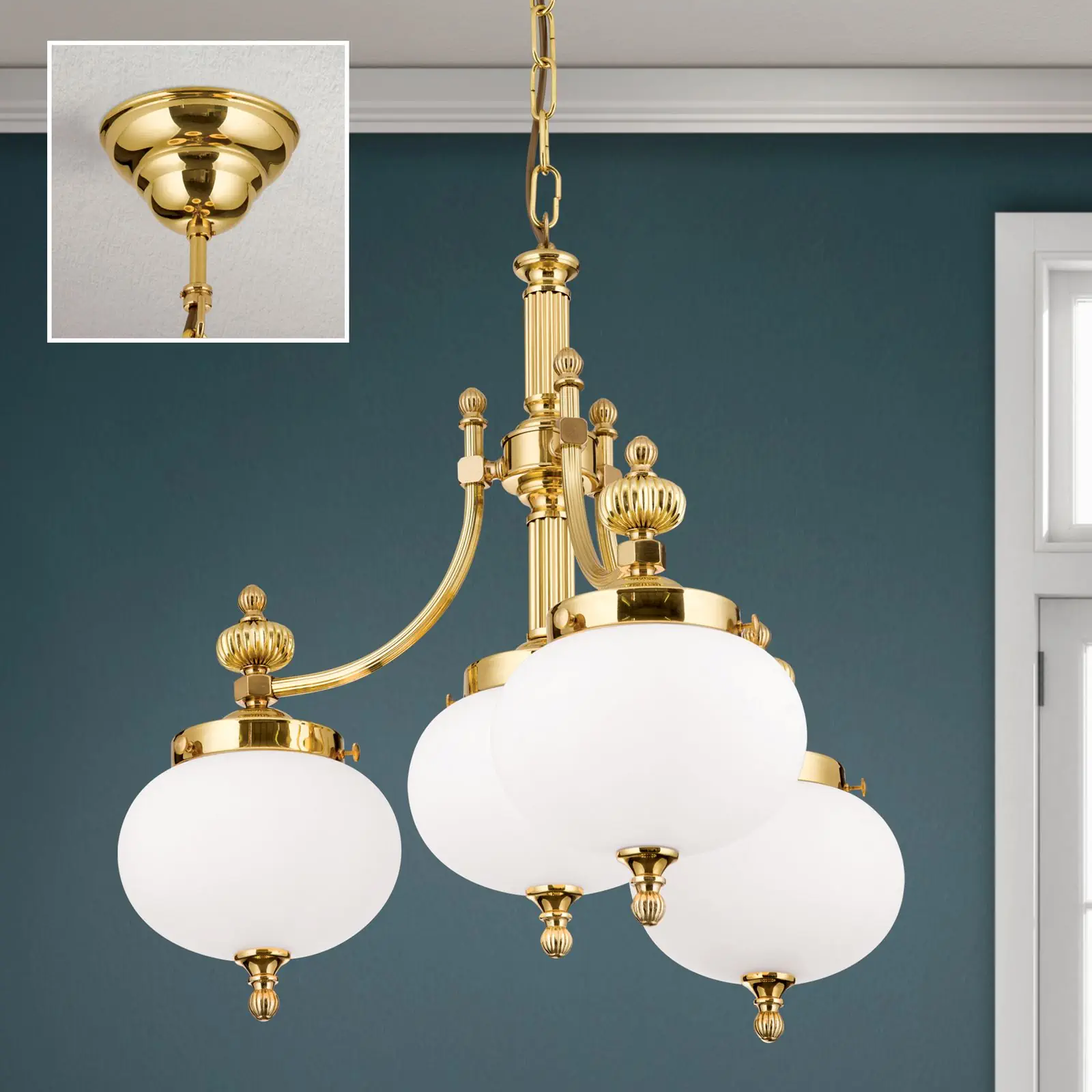 Luster WIENER NOSTALGIE, 3+1 izvora svetla, sjajni mesing, sa opal mat staklom, usmeren nadole - 2