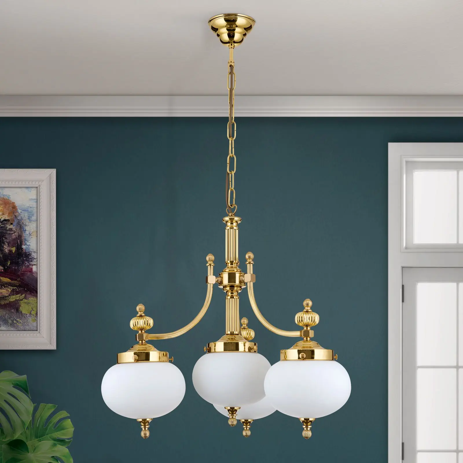 Luster WIENER NOSTALGIE, 3+1 izvora svetla, sjajni mesing, sa opal mat staklom, usmeren nadole - 3