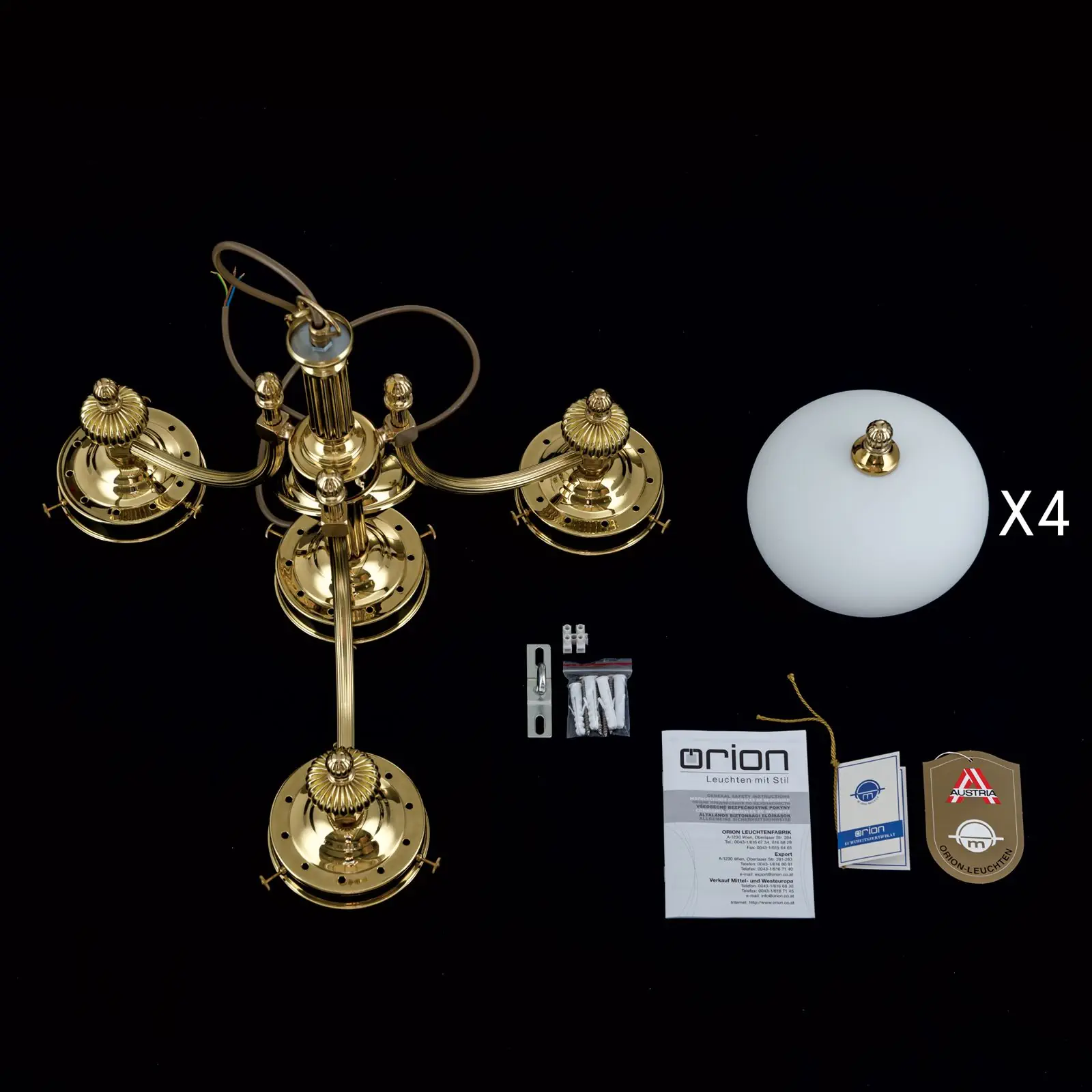 Luster WIENER NOSTALGIE, 3+1 izvora svetla, sjajni mesing, sa opal mat staklom, usmeren nadole - 8