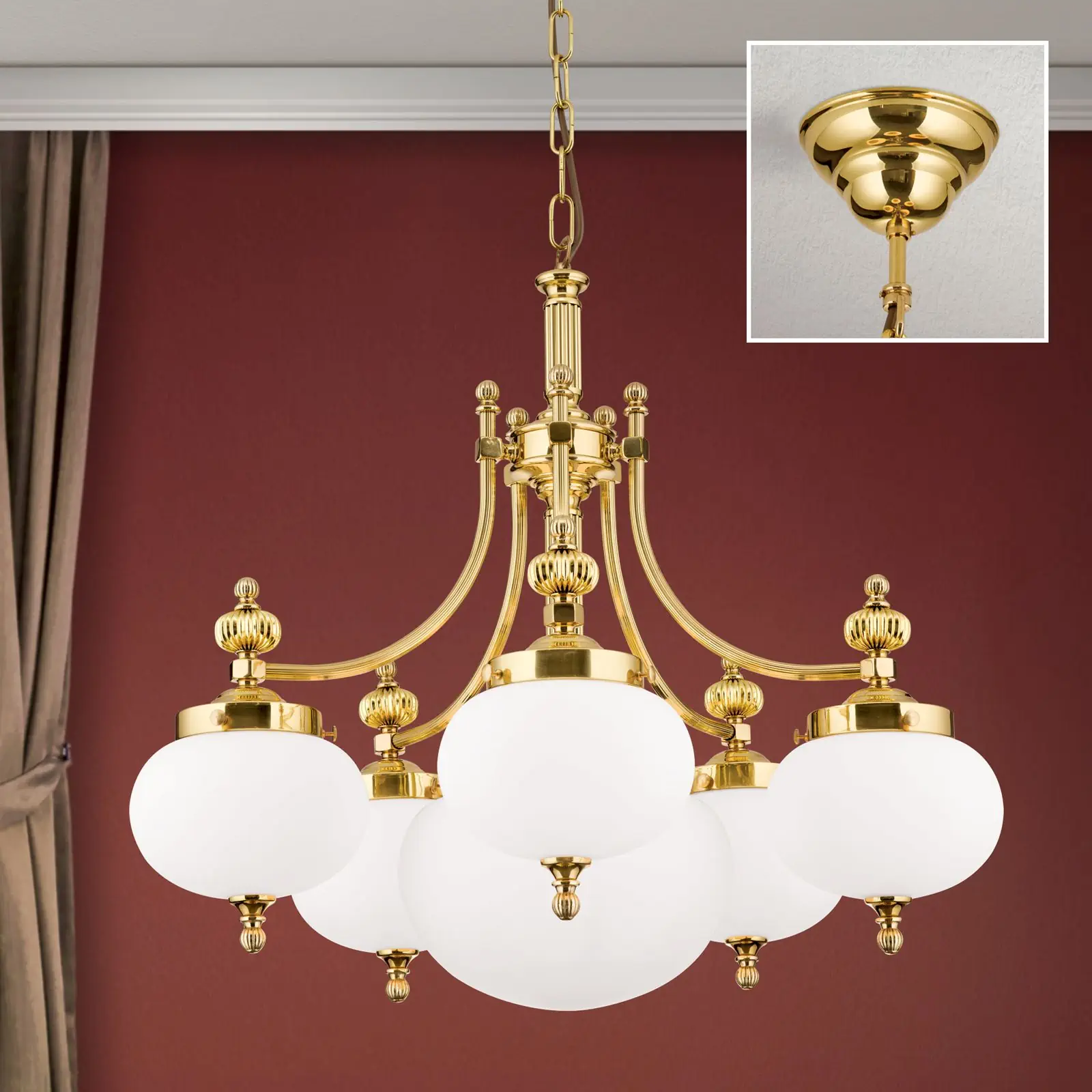 Luster WIENER NOSTALGIE, 5+1 izvora svetla, sjajni mesing, sa opal mat staklom, usmeren nadole - 2