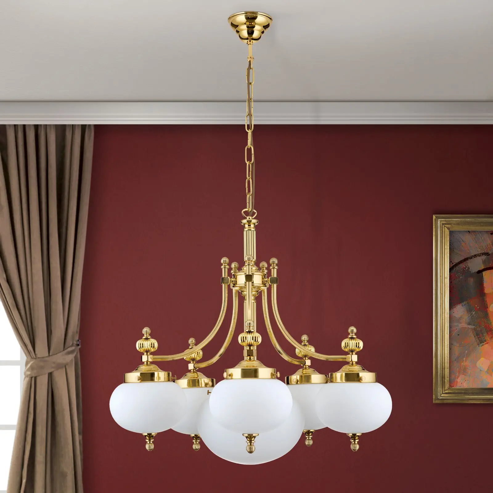 Luster WIENER NOSTALGIE, 5+1 izvora svetla, sjajni mesing, sa opal mat staklom, usmeren nadole - 3