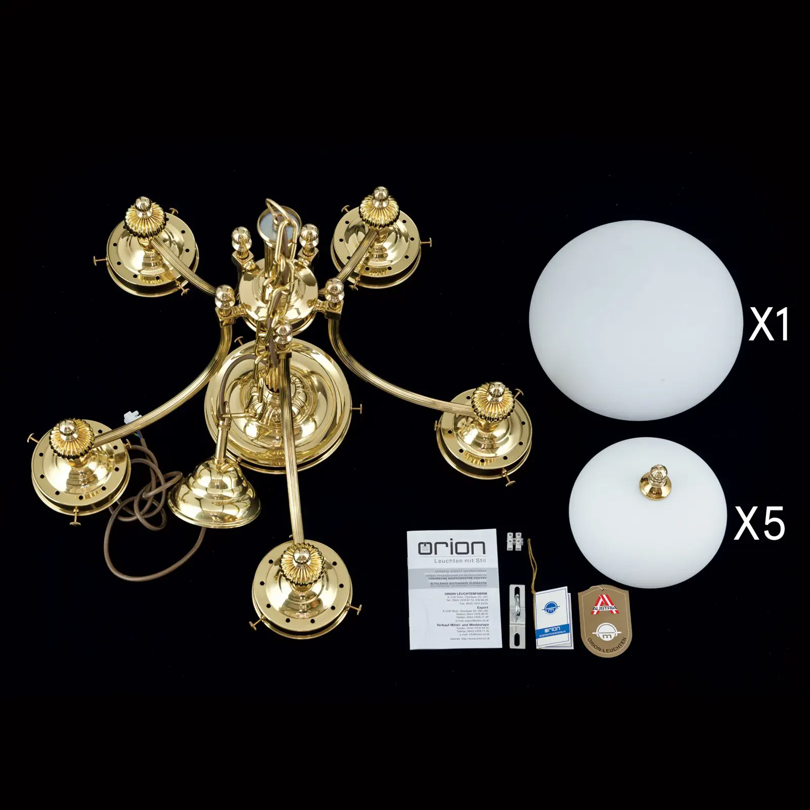 Luster WIENER NOSTALGIE, 5+1 izvora svetla, sjajni mesing, sa opal mat staklom, usmeren nadole - 8