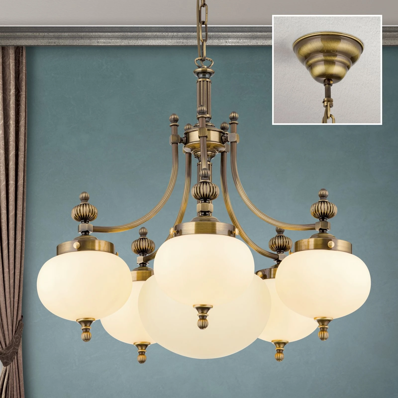 Luster WIENER NOSTALGIE, 5+1 izvora svetla, nadole, antik mesing, šampanj mat staklo - 2