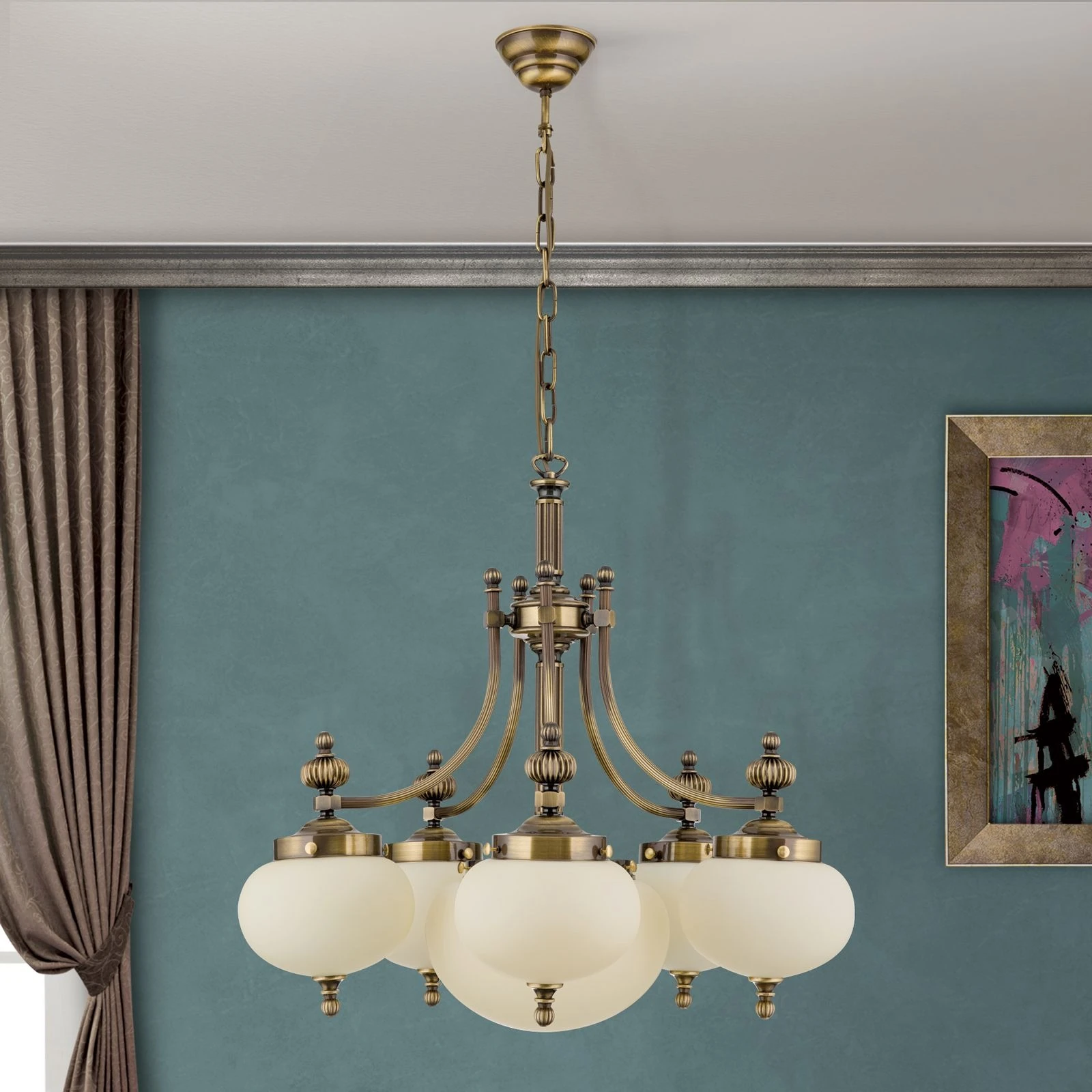 Luster WIENER NOSTALGIE, 5+1 izvora svetla, nadole, antik mesing, šampanj mat staklo - 3