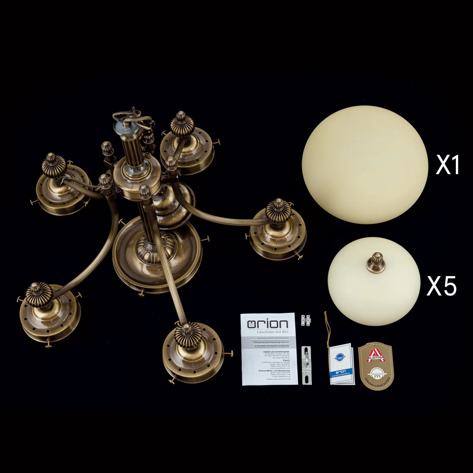 Luster WIENER NOSTALGIE, 5+1 izvora svetla, nadole, antik mesing, šampanj mat staklo - 8