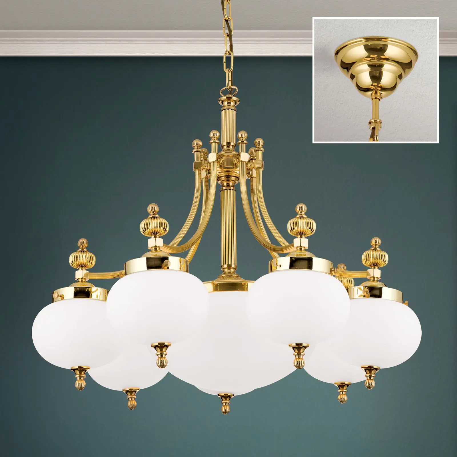 Luster WIENER NOSTALGIE, 7+1 izvora svetla, sjajni mesing, sa opal mat staklom, usmeren nadole - 2